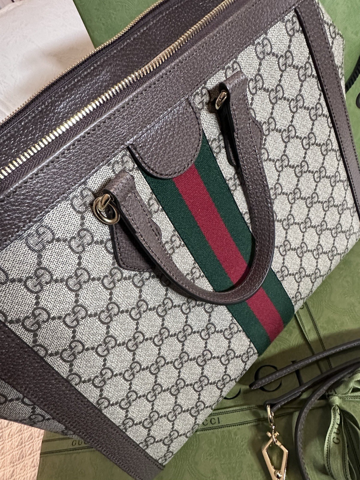 Gucci Ophidia Medium Tote Bag GG Supreme Canvas with Classic Web Stripe