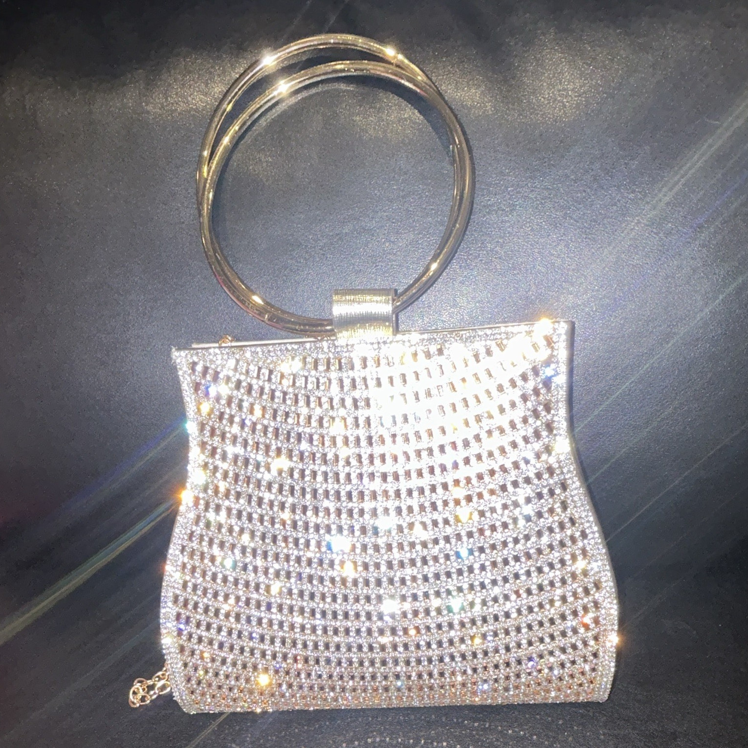 Gold Rhinestone Clutch Purse, Top Handle, Chain Strap, Clasp, Small
