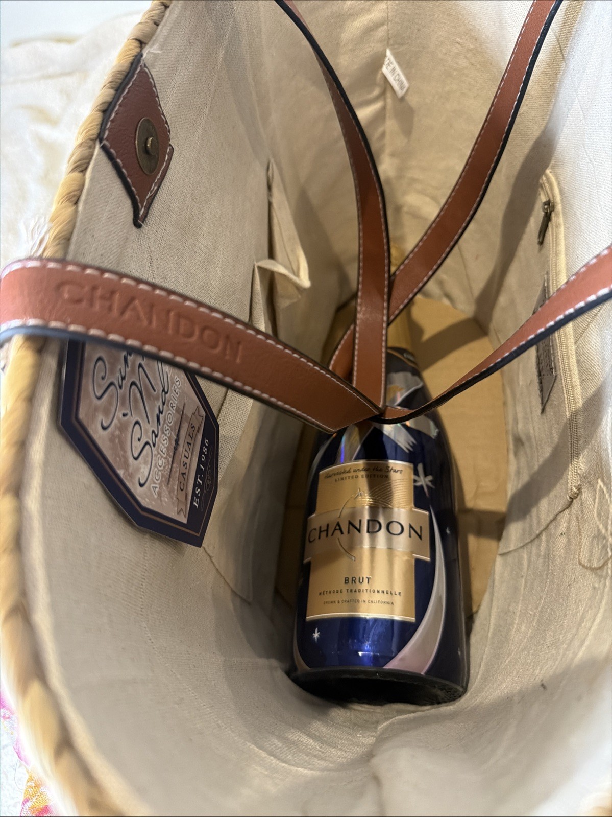 Sun N Sand X Chandon Straw Woven Beach Tote Bag Luxury Artisan NEW with Tags