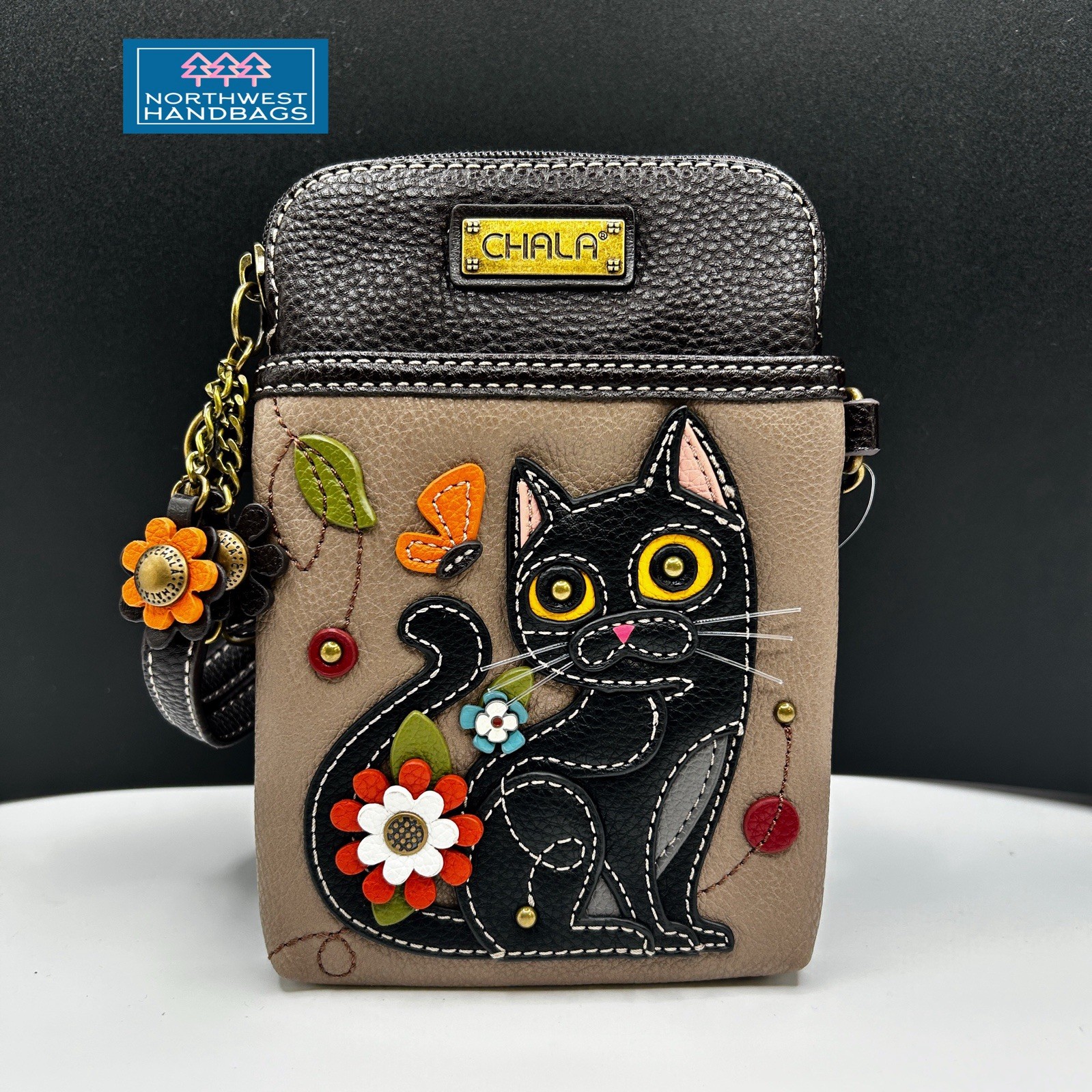 BLACK CAT FLOWER CELLPHONE CROSSBODY PURSE WARM GRAY CHALA
