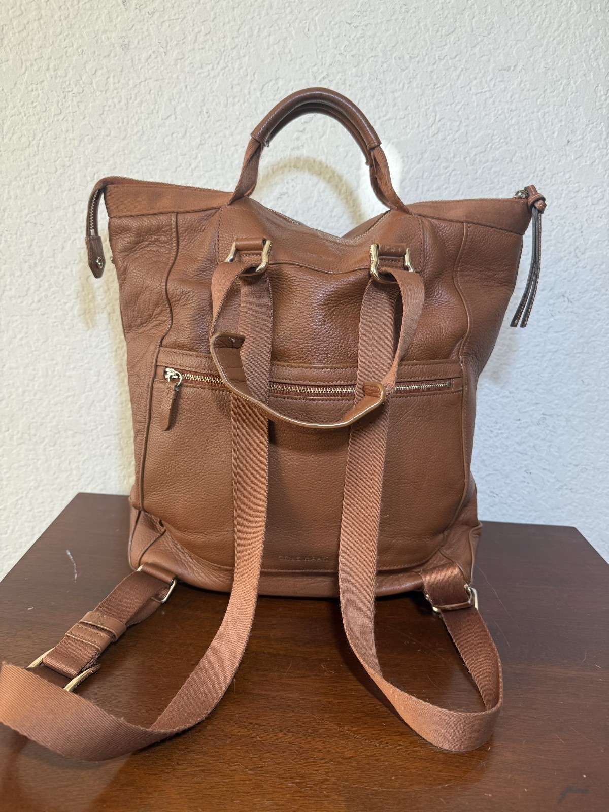 Cole Haan Women’s Brown Pebbled-Leather Convertible Grand Ambition Backpack Bag