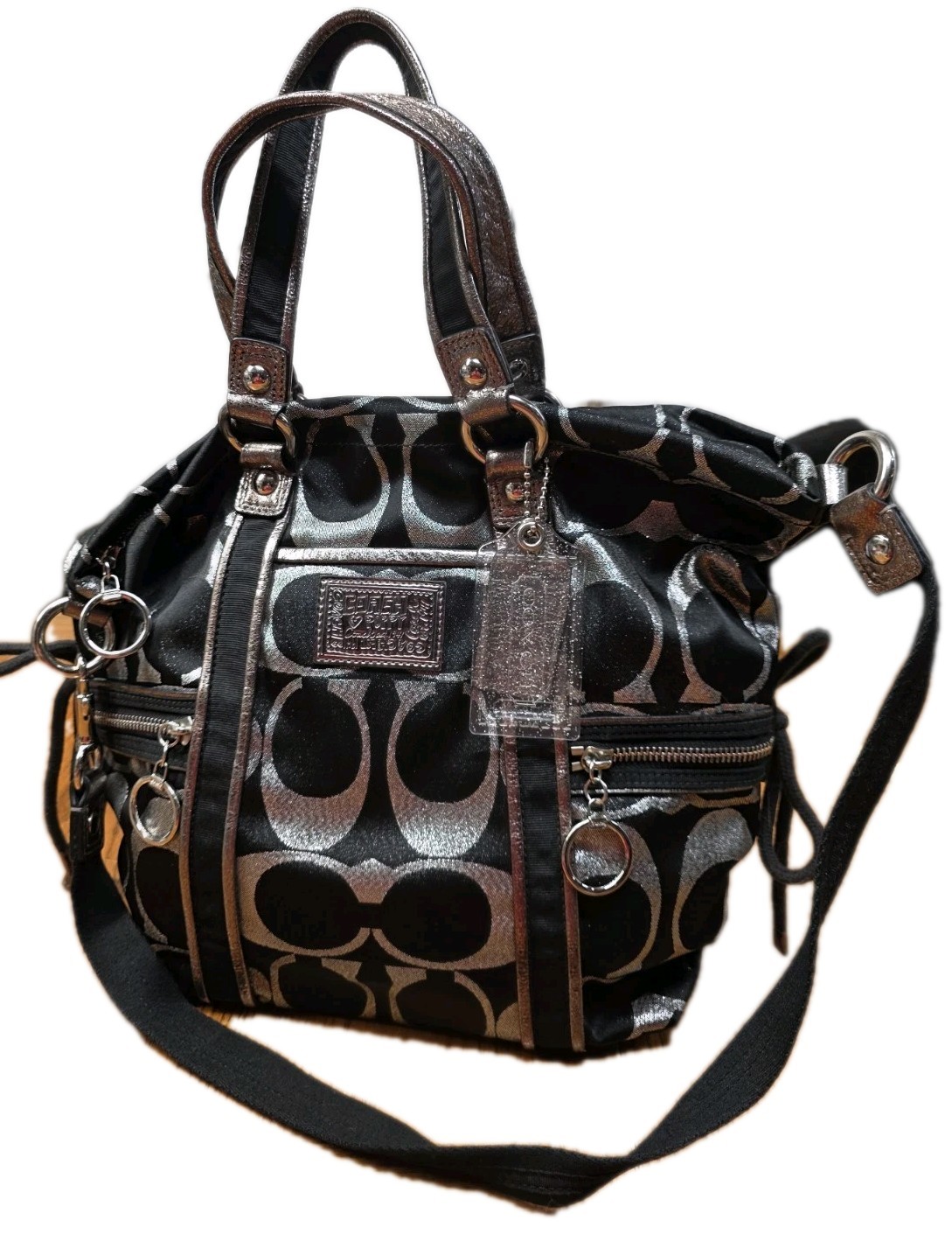 Coach Poppy Black & Silver Metallic Lurex Tote F14434 2 Hangtags
