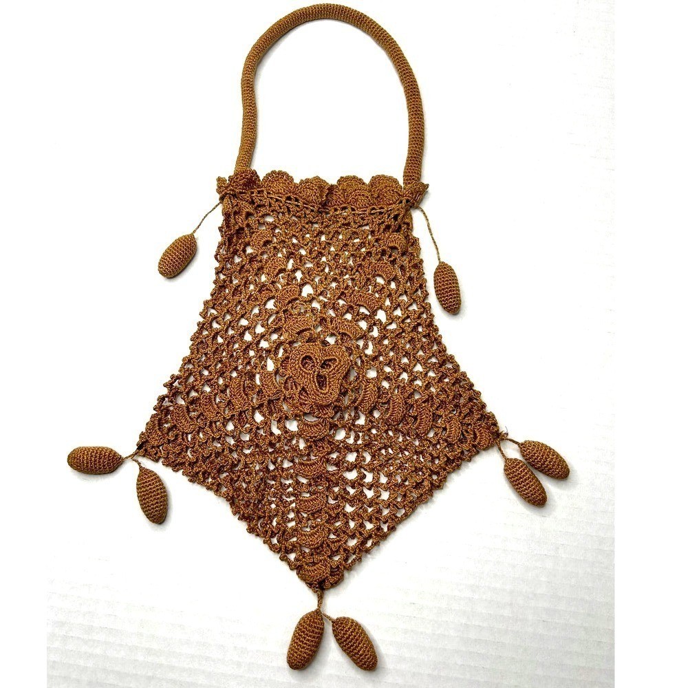 Vintage Handmade Open Crochet Drawstring Handbag Purse Bag Unlined