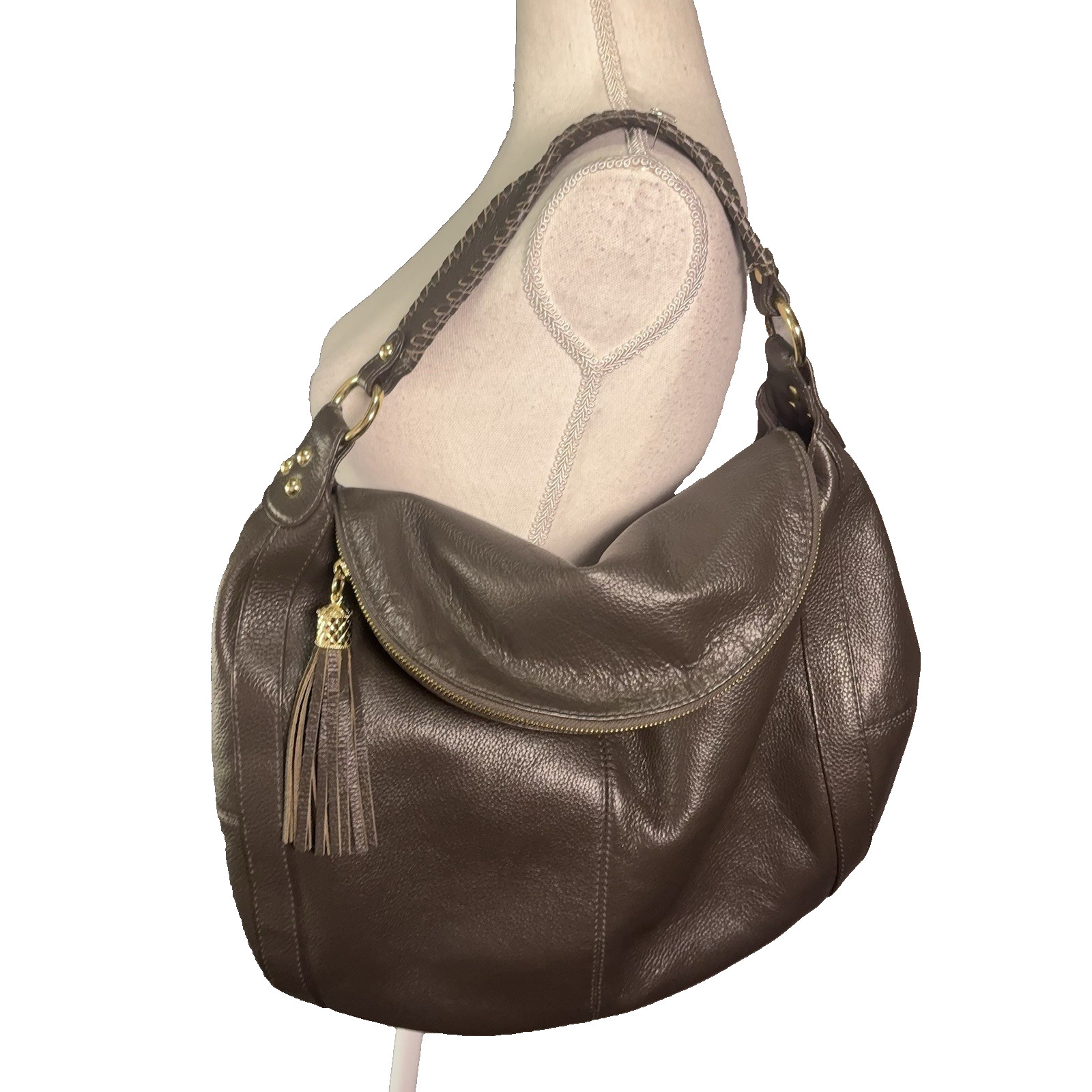 Onna Ehrlich Rachel Hobo Bag Brown Pebbled Leather Tassel Shoulder Strap