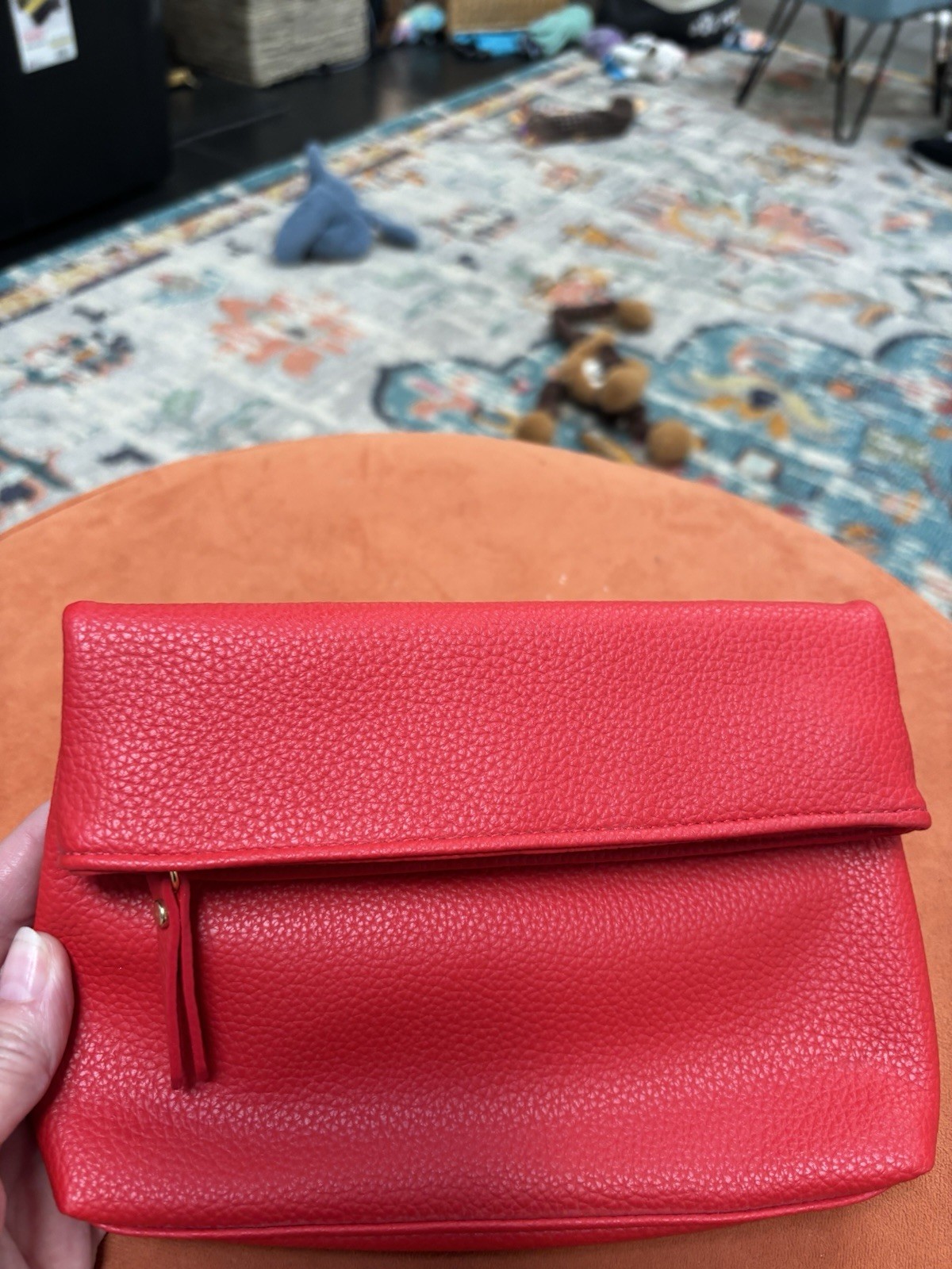 Red Pebbled Faux Leather Clutch Purse Zip Closure Pouch Case with Snap Flap