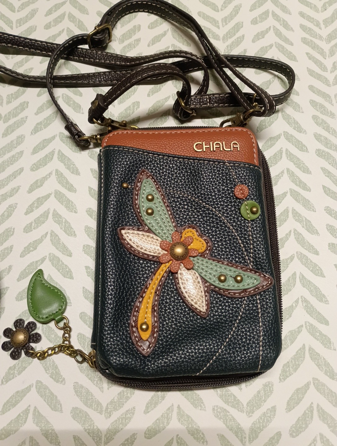 NEW CHALA ORANGE NAVY BLUE DRAGONFLY CROSSBODY WALLET PURSE