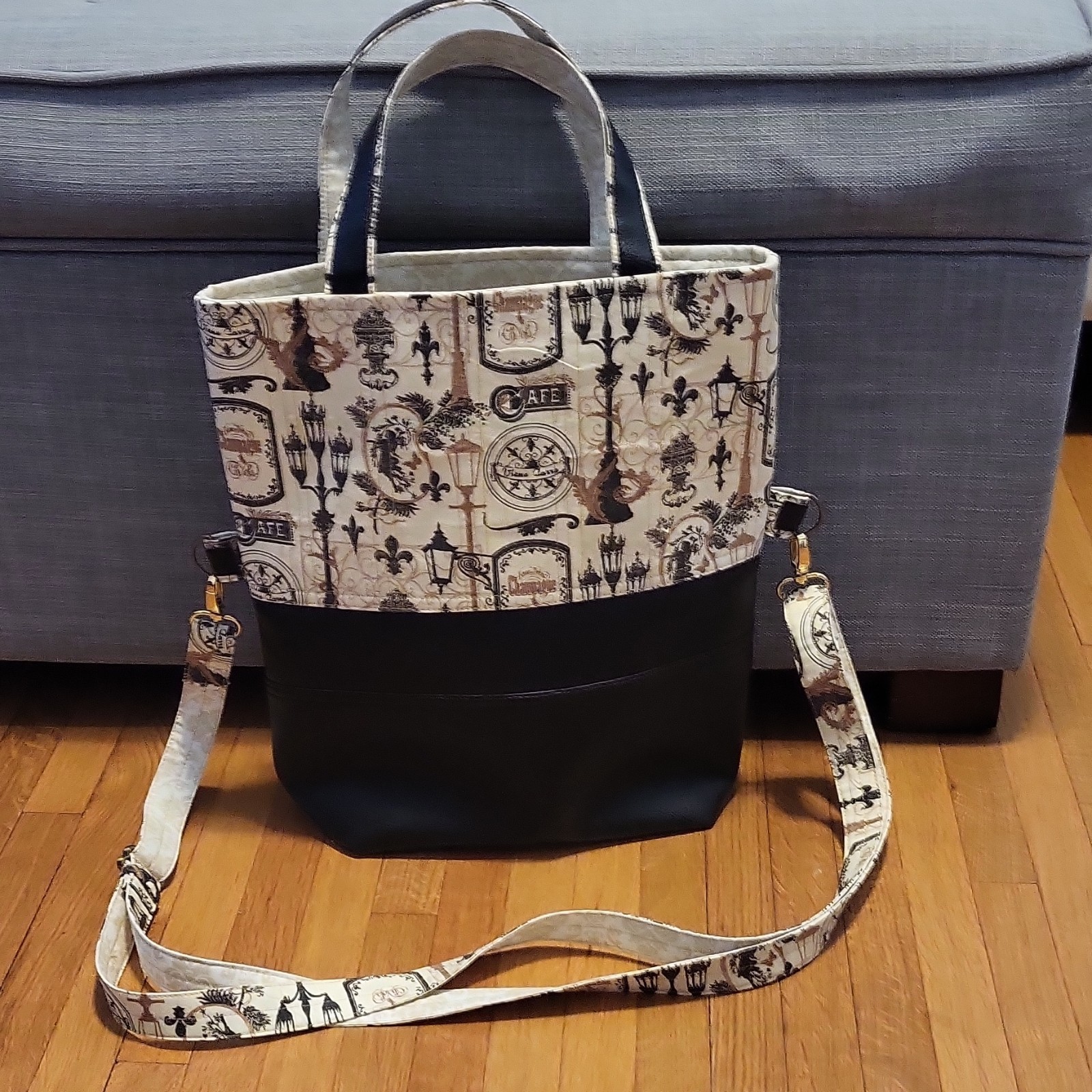 Paris Graphic Black/Ivory Crossbody Tote Zip Top Handle Detachable Strap