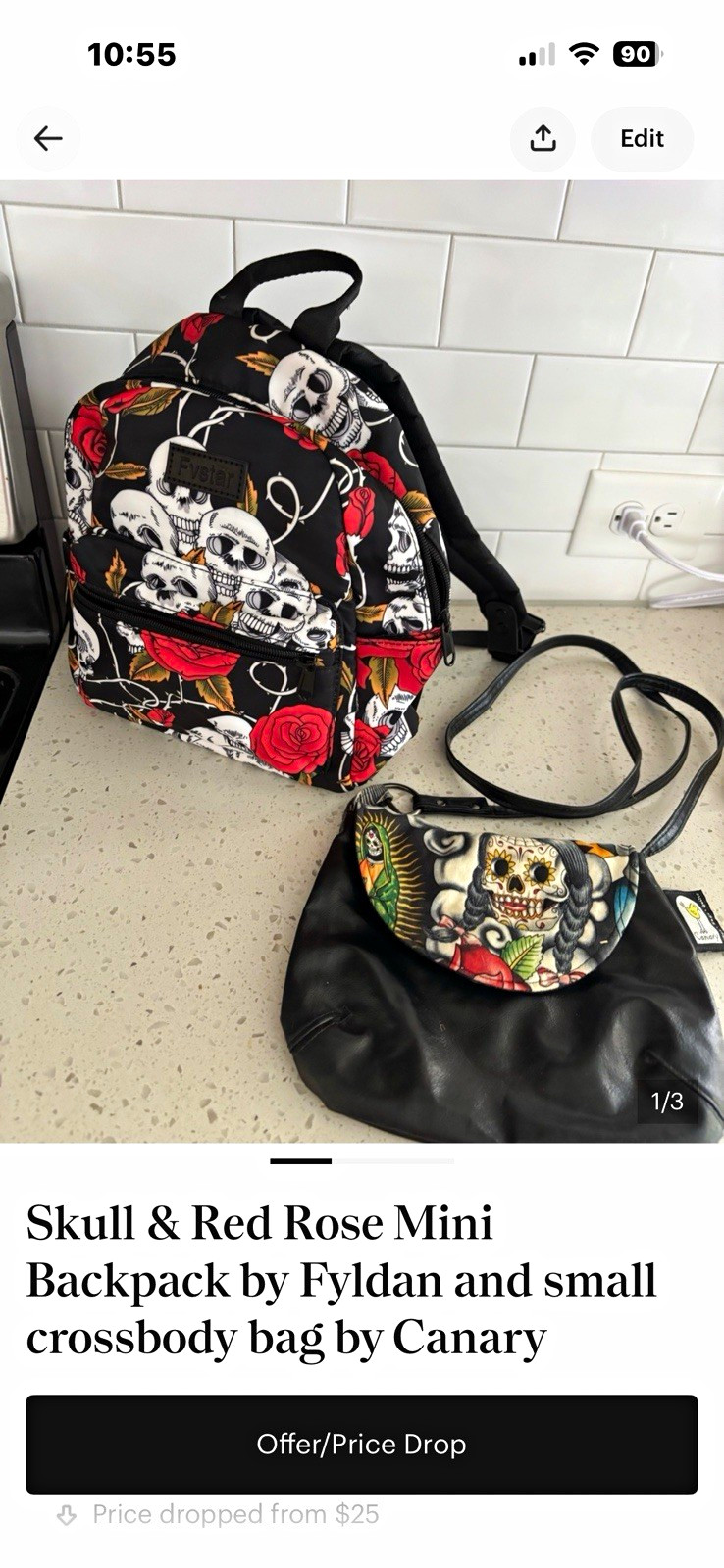 Fyldan Skull & Red Rose Mini Backpack and small crossbody purse