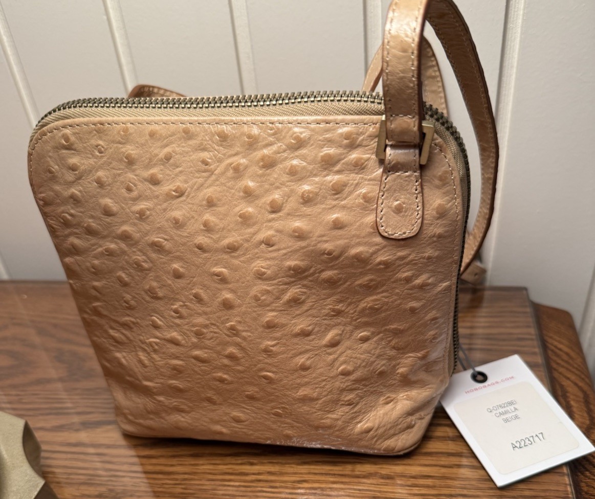 HOBO Camilla Leather Zip Around Crossbody Bag – Beige Ostrich Pattern