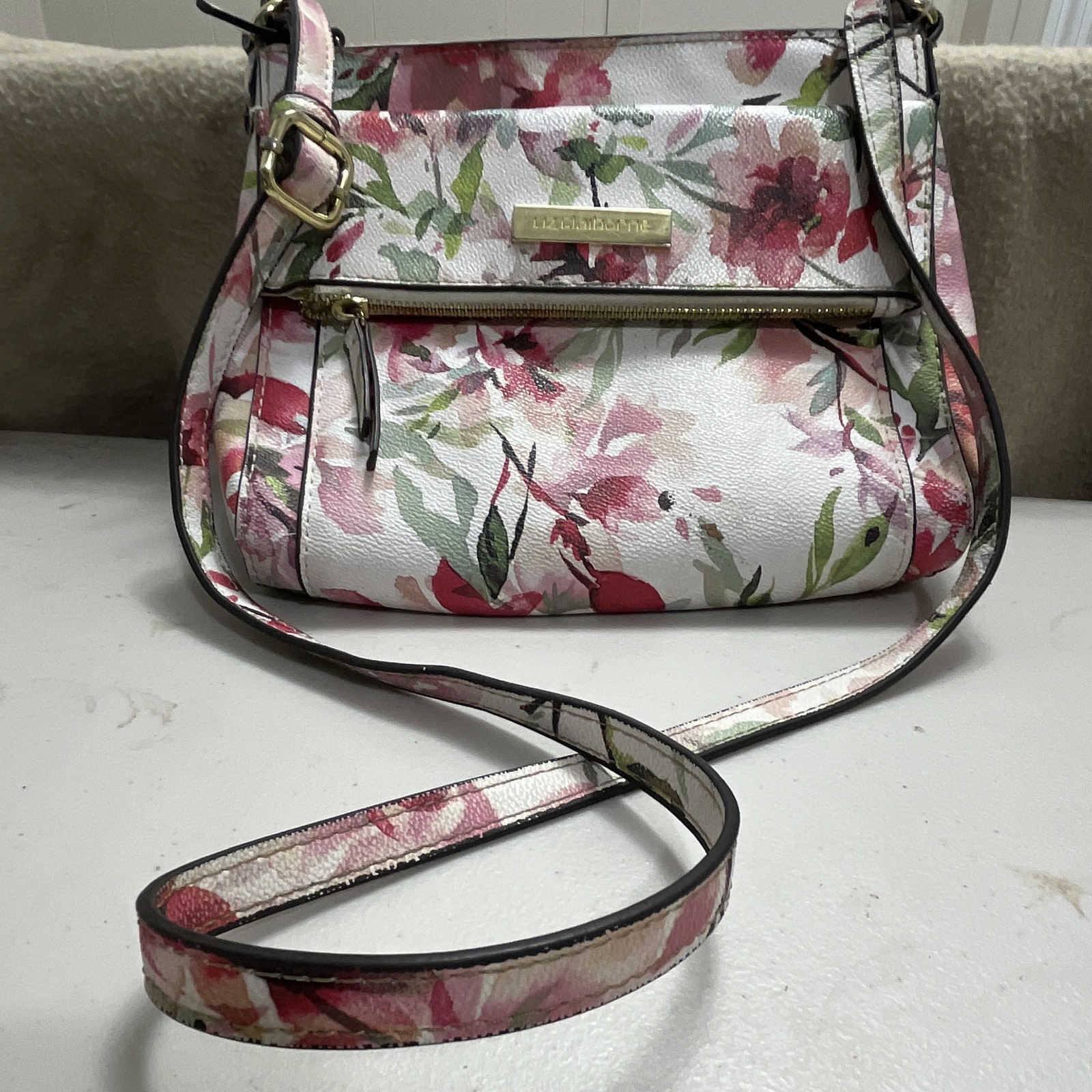 Nine West Floral Crossbody Bag White/Pink/Green Zip Gold Hardware