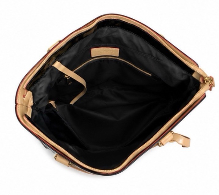 Arcadia Patent Logo Tote Zip Top Black Beige Double Handles Gold Hardware