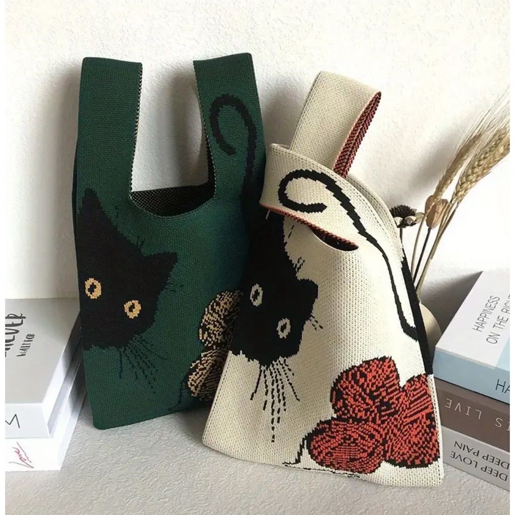 Y2k Green Knit Small Tote Bag Casual Handbag Summer Cat Lover