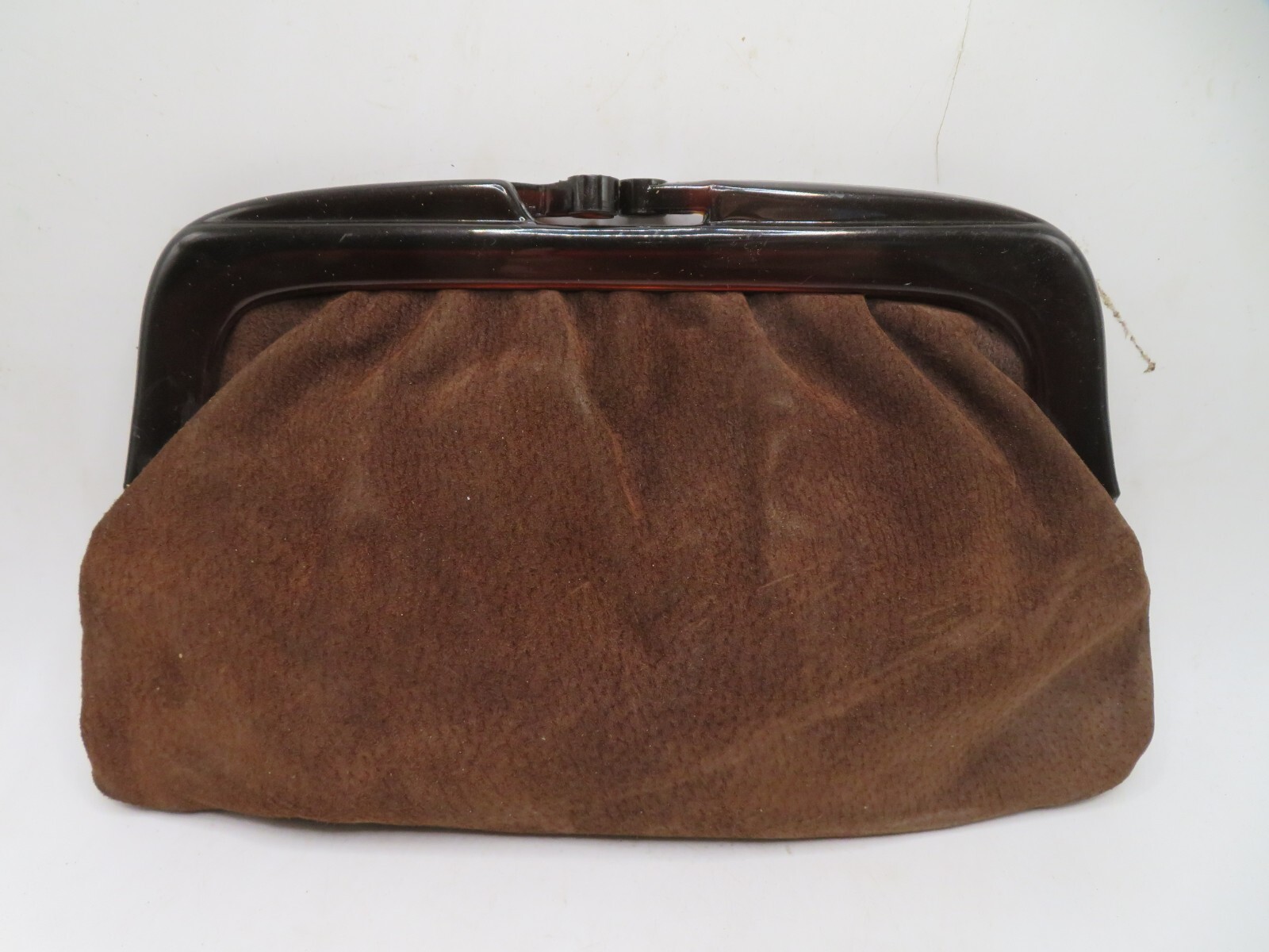 Vintage Woman’s Leather Handbag, Clasp closure. BAKELITE FRAME 11 X 6 1/2 IN