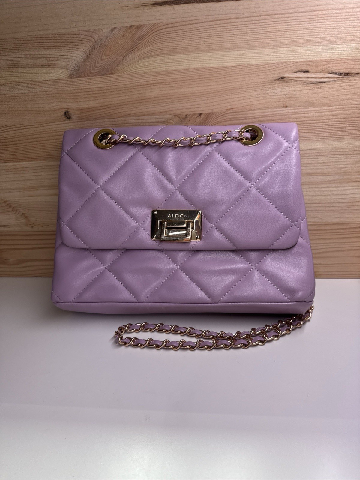 ALDO Women Quilted Faux Leather Chain Strap Flap Shoulder Crossbody Lavender