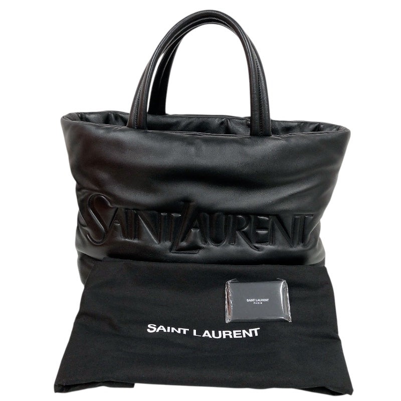 SAINT LAURENT Wide Logo Tote Bag Black Leather Tote 756269 #OKB5160