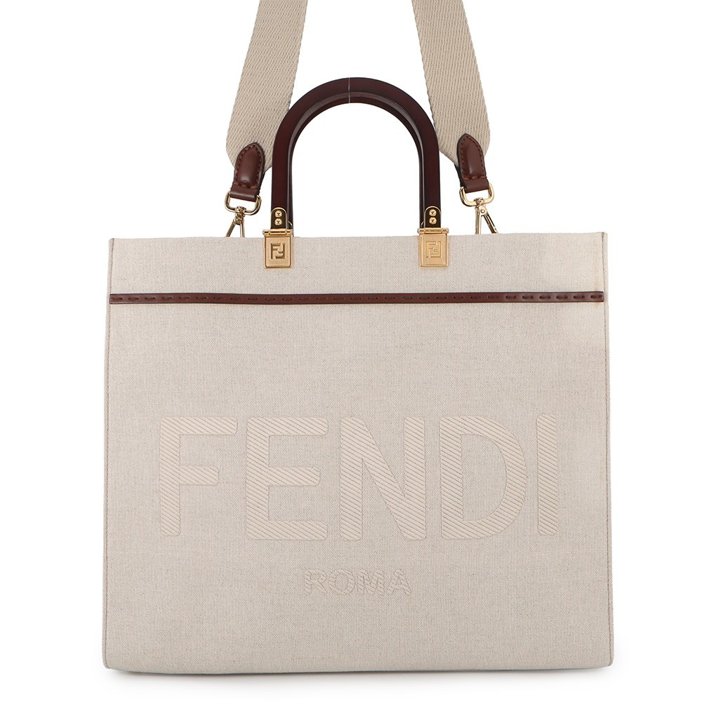 Fendi Sunshine Medium Canvas Leather Bag 8BH386 Tote Ivory / Brown #TZB1329