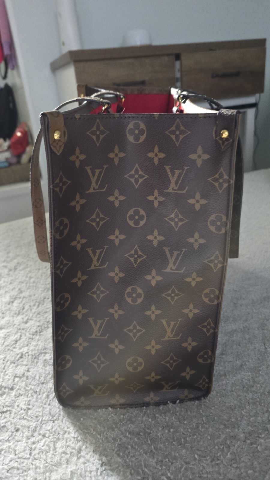 Louis Vuitton Monogram Tote Bag Brown w/ Red Lining Gold Hardware Inner Pockets