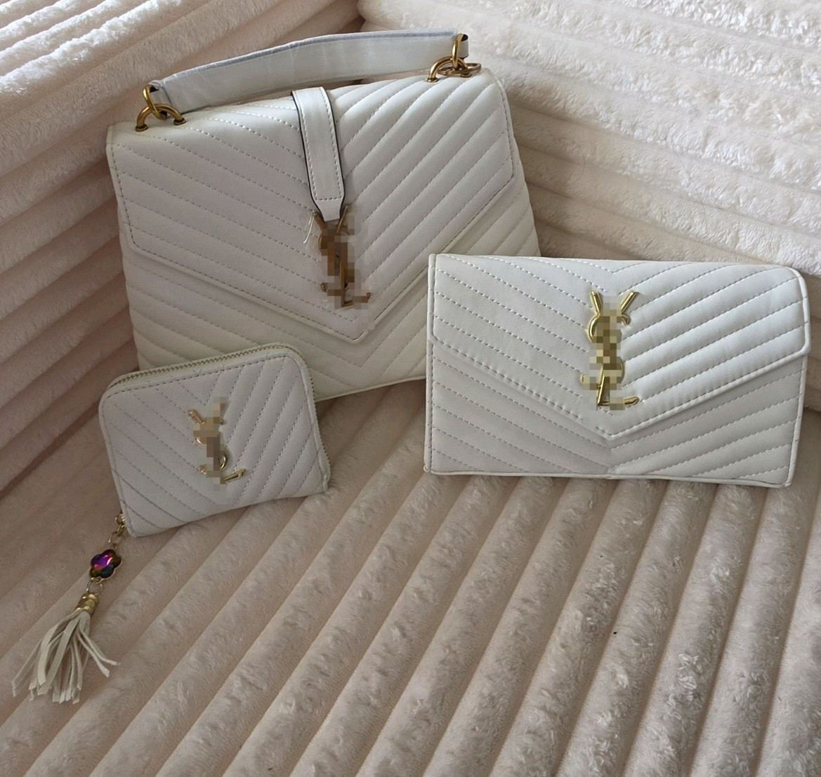 White Quilted Chevron Chain Shoulder Bag Set w/ Coin Purse Wallet
