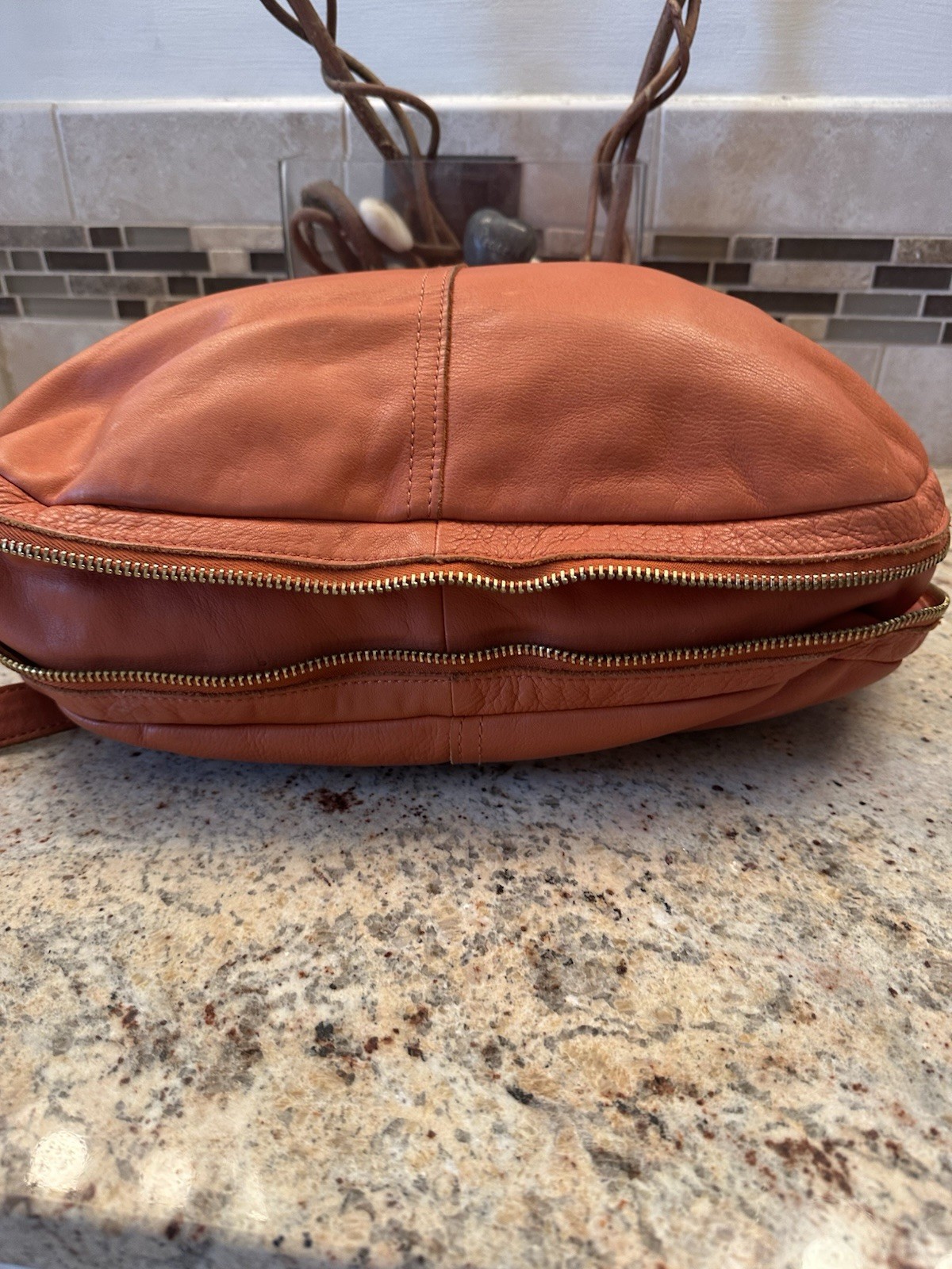 Linea Pelle Orange Leather Zippers Luxury Gold Hardware Purse Bag Pockets