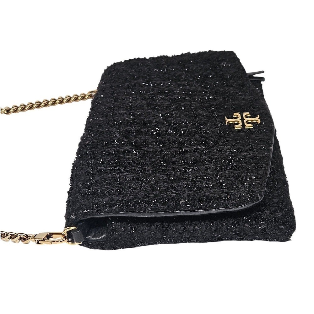 Tory Burch Black Tweed Metallic Crossbody Bag Gold Chain Logo Shoulder Bag