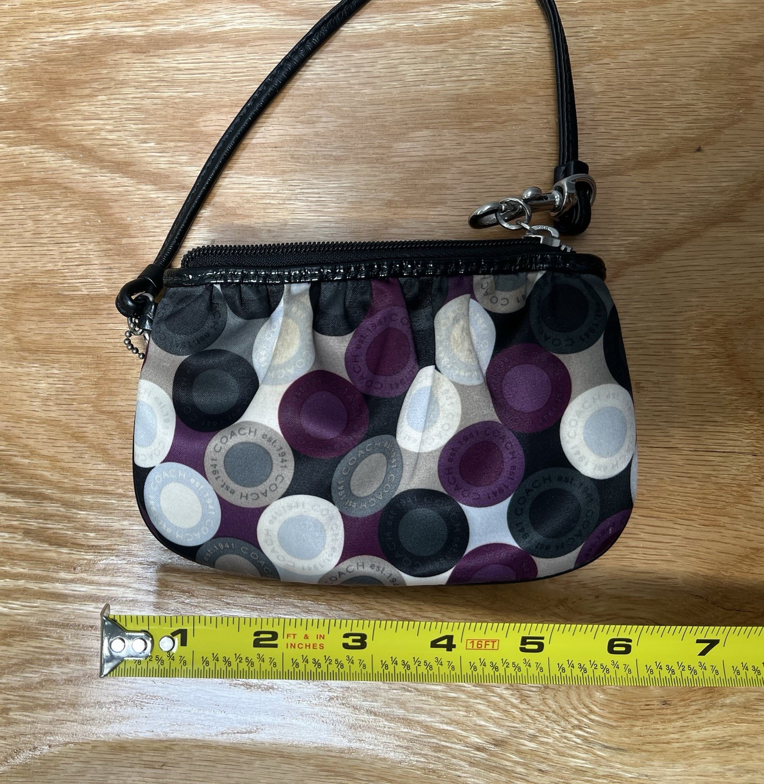 Coach Purple Black Ivory Silk Satin Circle Print Wristlet Clutch Coin Purse