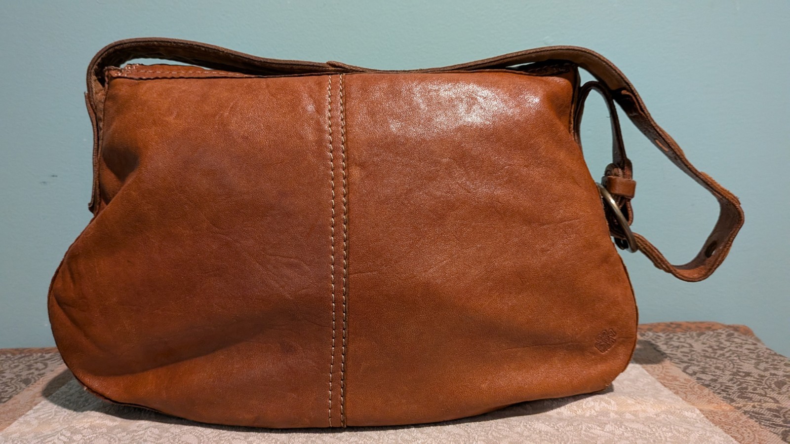 🍀Lucky Brand Stash Flower and Dove Cognac Lamb Leather Hobo Shoulder Bag VGUC