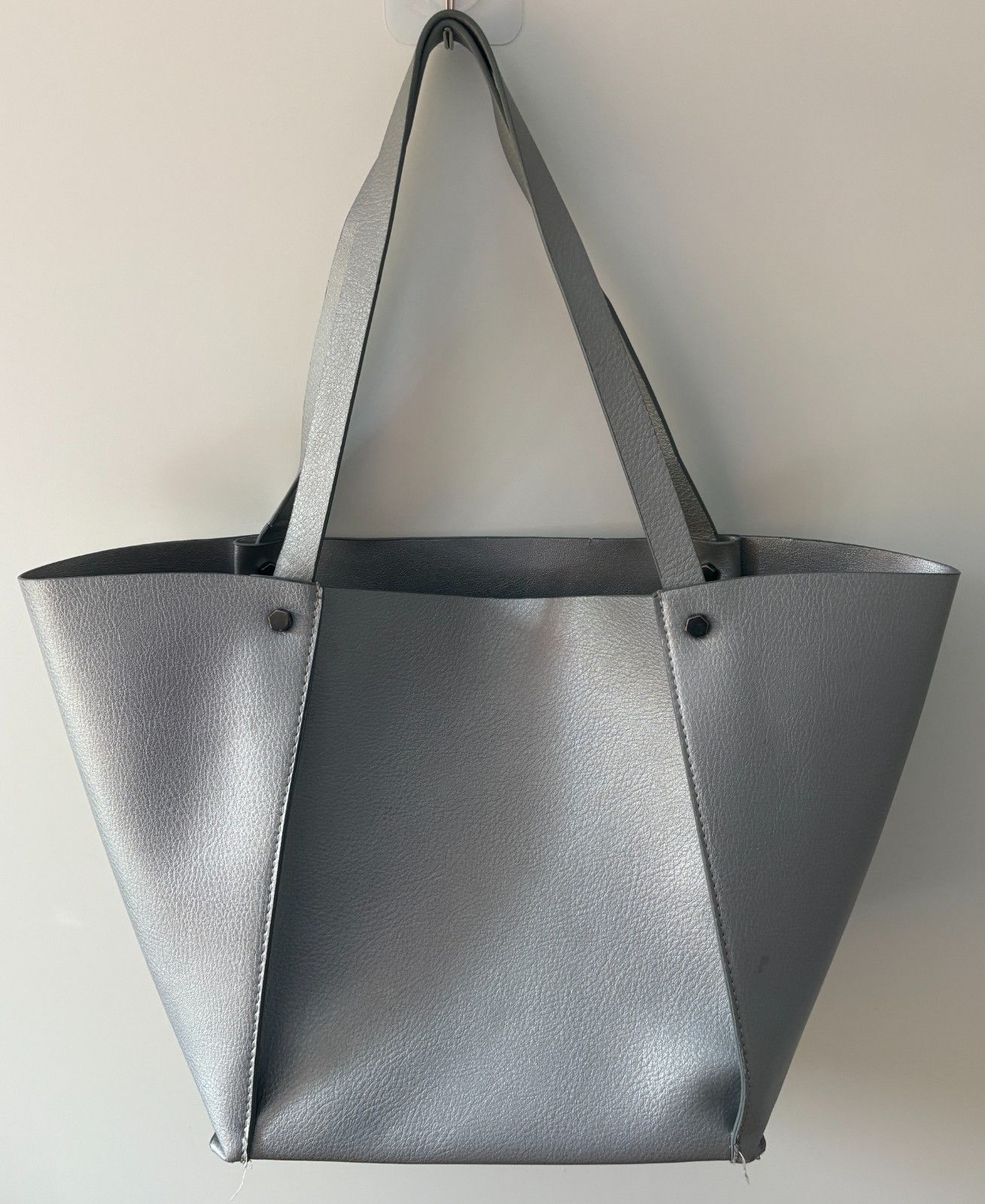 Neiman Marcus Large Faux Leather Silver Metallic Shoulder Tote | Silver Interior