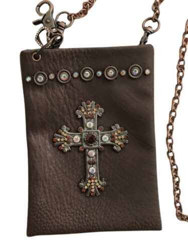 CROSS RHINESTONES BAG Brown Cross Metal Chain 4.5 in x 6.25 in NWOT