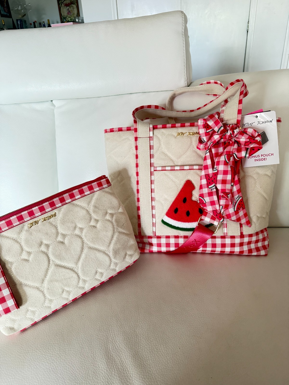 NWT BETSEY JOHNSON QUILTED HEART TOTE BAG W POUCH AND WATERMELON SCARF