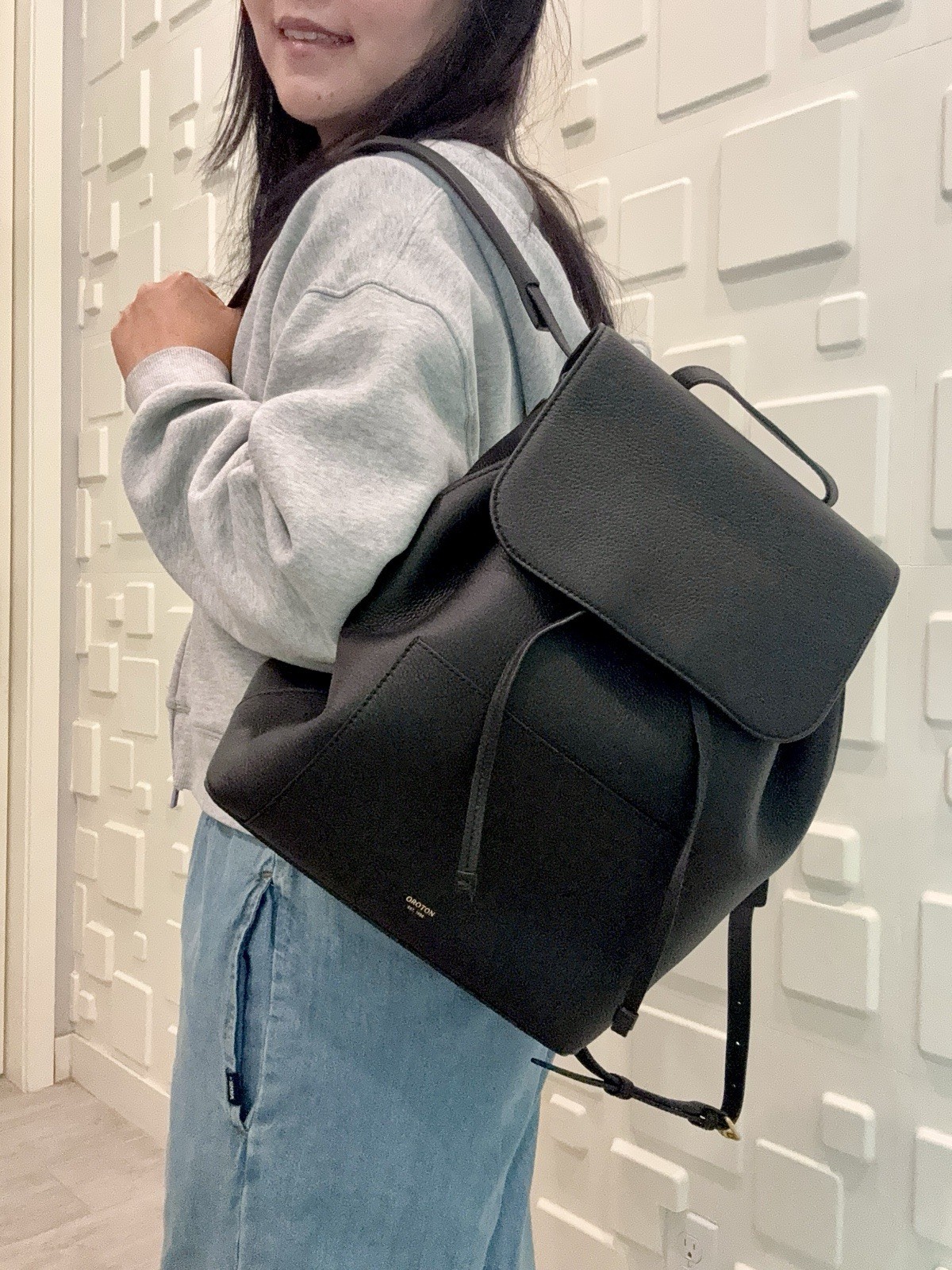 NEW $425 Oroton Duo Textured-Leather Backpack in Black Natural Grain Leather