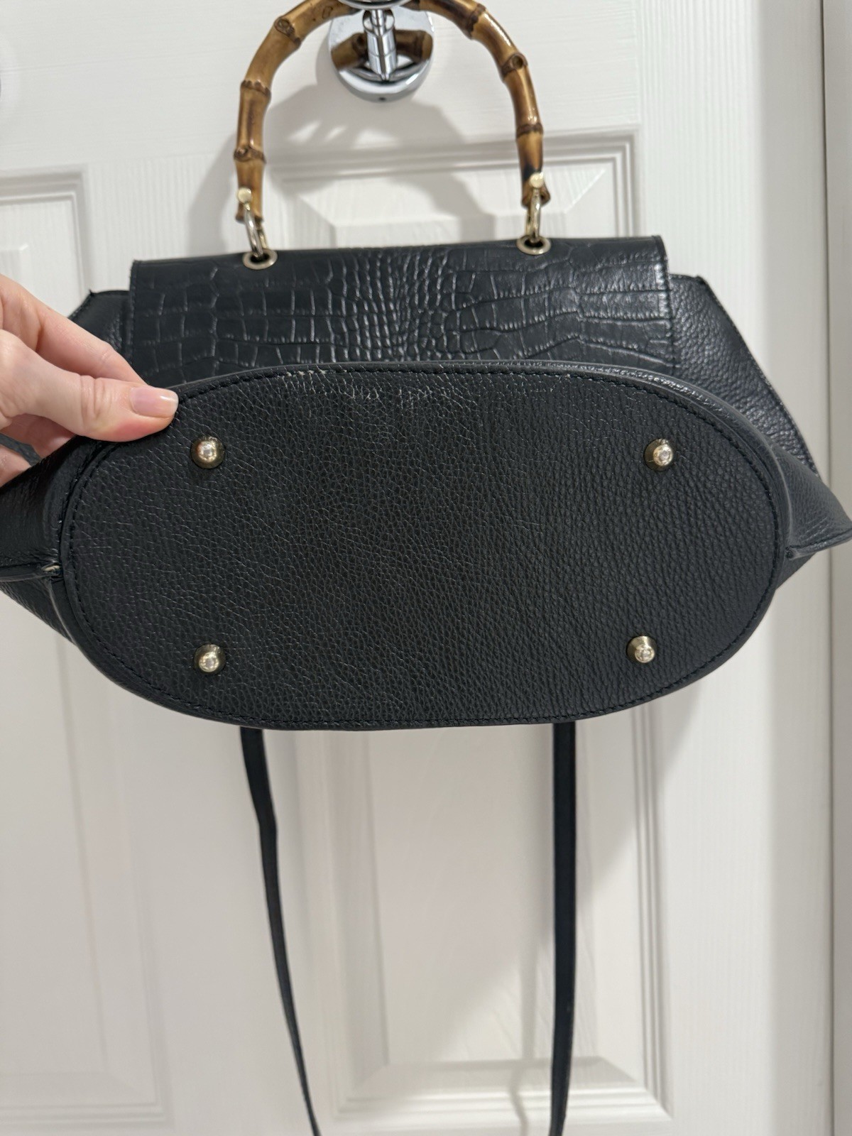 Large Black Croc Embossed Leather Bamboo Top Handle Turn Lock Crossbody Satchel