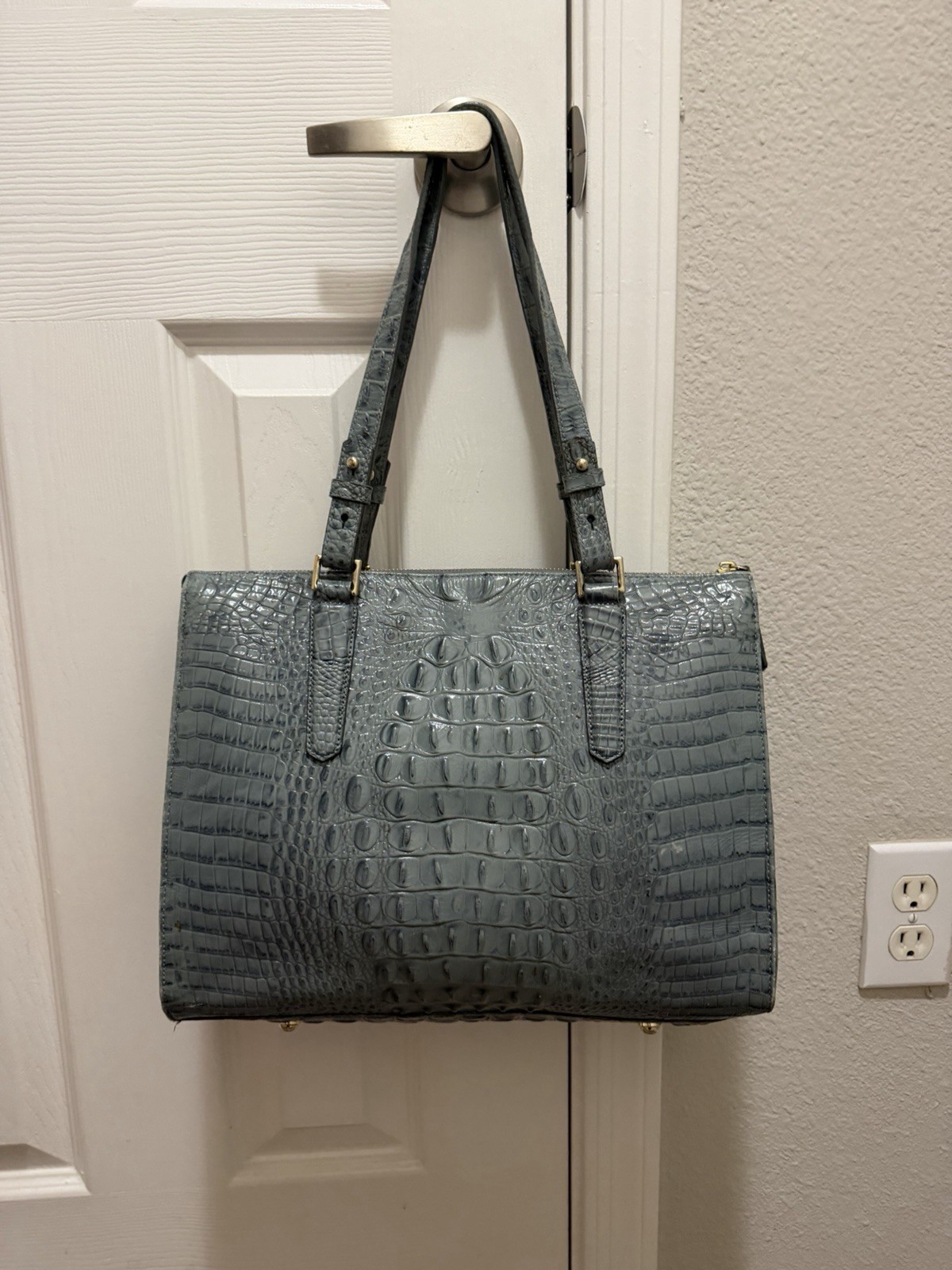 Brahmin Blue Crocodile Tote Bag Zip Top Charm Bottom Studs Gold Hardware