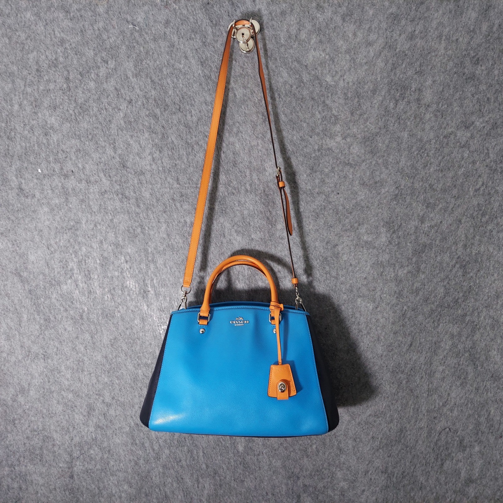 Coach Pebbled Leather Satchel Crossbody Bag Handbag Blue Orange Shoulder Purse
