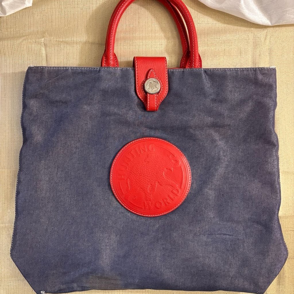 Hunting World Denim and Red Leather Tote Bag