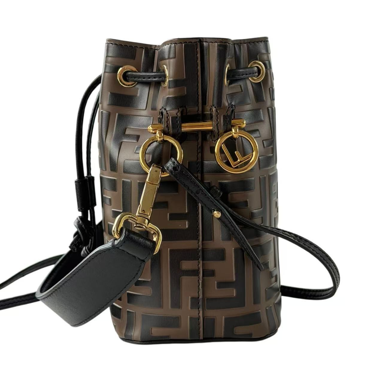Fendi FF Monogram Small Bucket Bag Brown Embossed Drawstring Crossbody