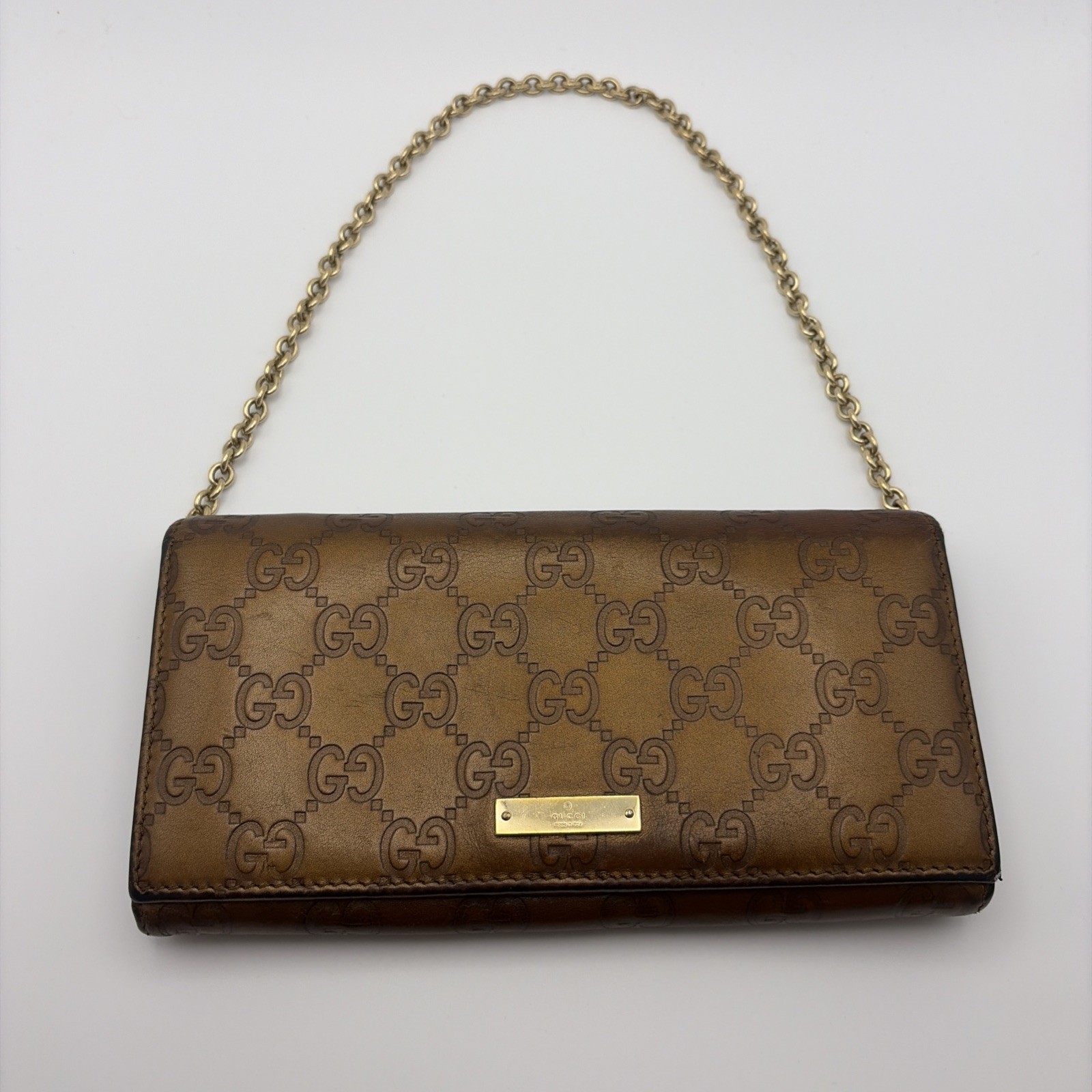 Gucci 170426 light brown leather long wallet and gold chain shoulder bag