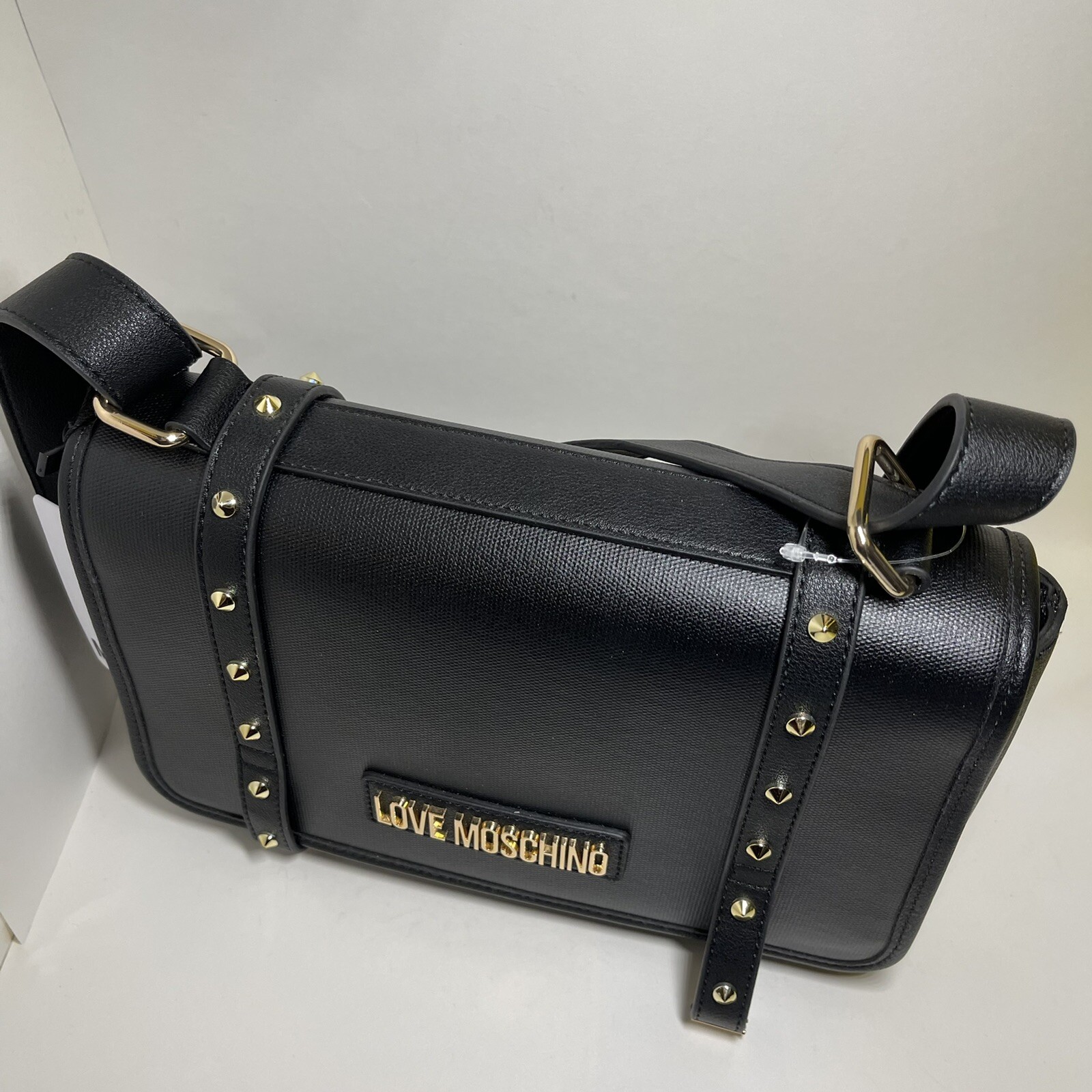 New Love Moschino Designer Nero Borsa Canvas Crossbody Black Gold Purse Handbag