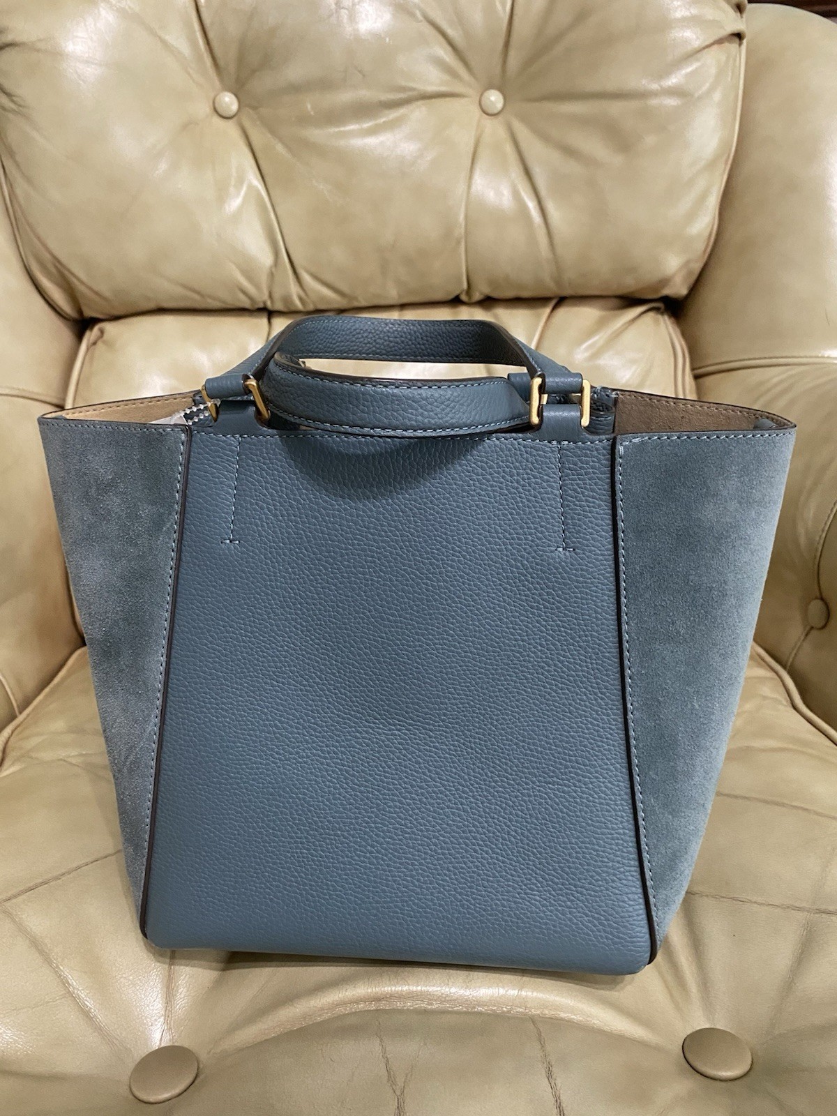 Tory Burch Dragonfly Leather Crossbody Bag Drawstring Suede McGraw Arctic Blue
