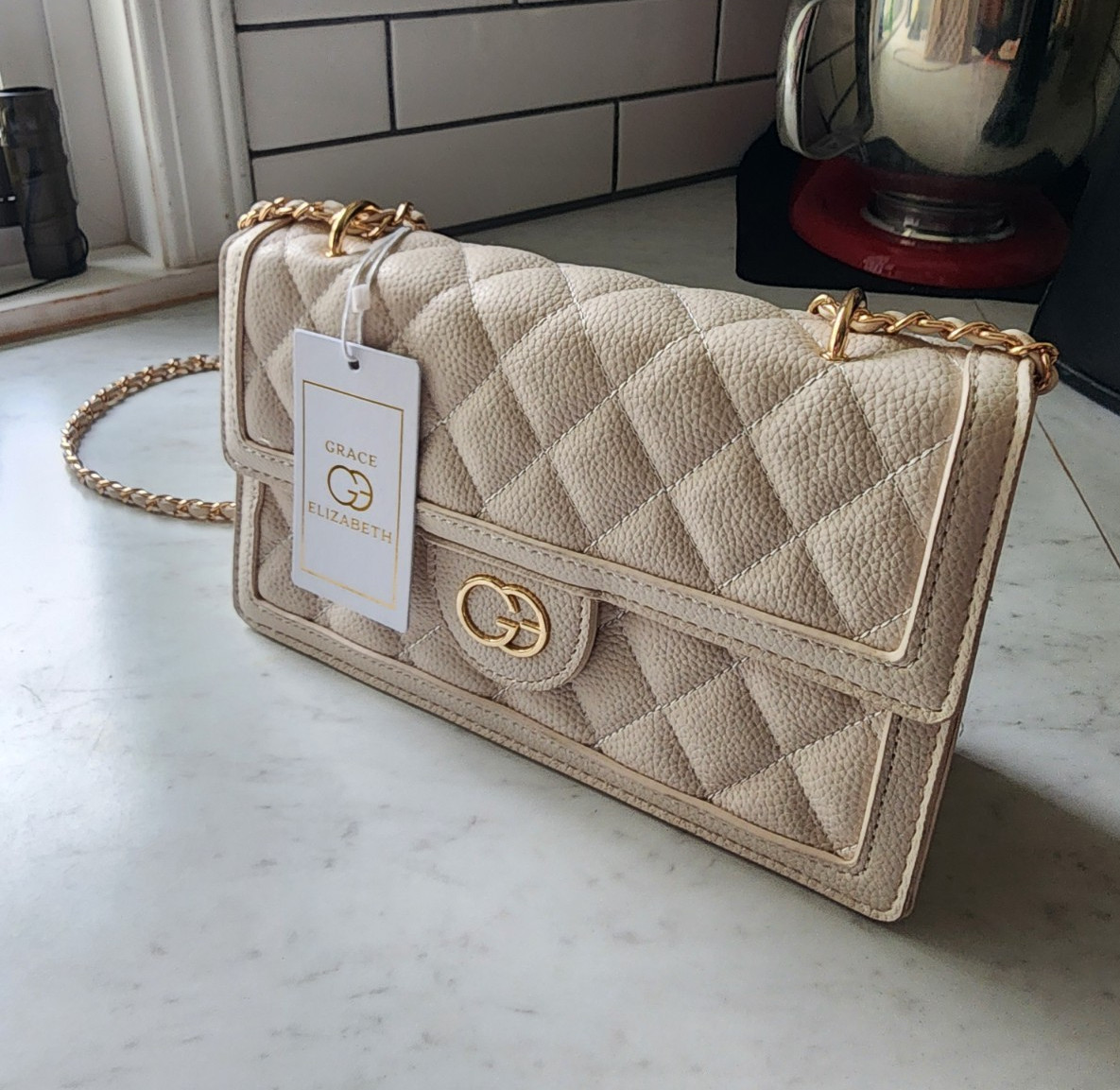 Grace Elizabeth Quilted Beige Small Crossbody Bag w/Gold Chain Strap, Logo