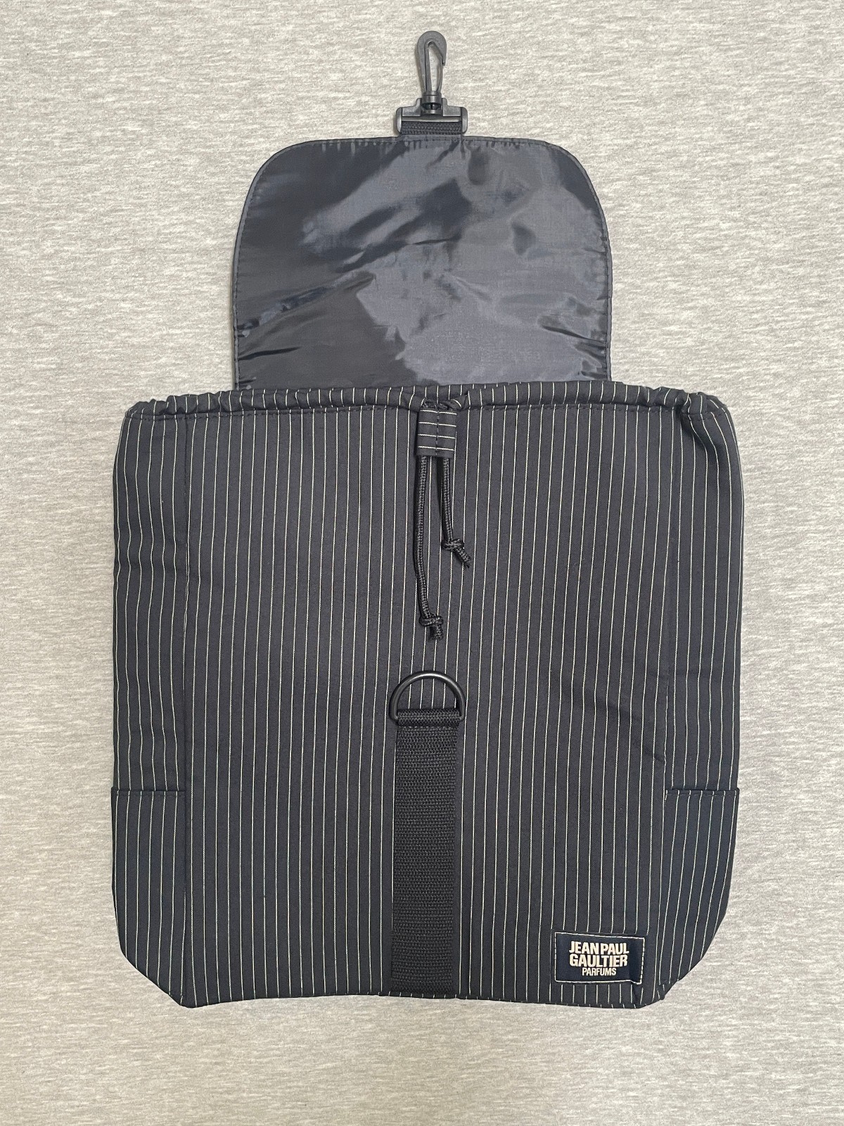 Jean Paul Gaultier Parfums Pinstripe Backpack Navy Blue Nylon Logo Bag