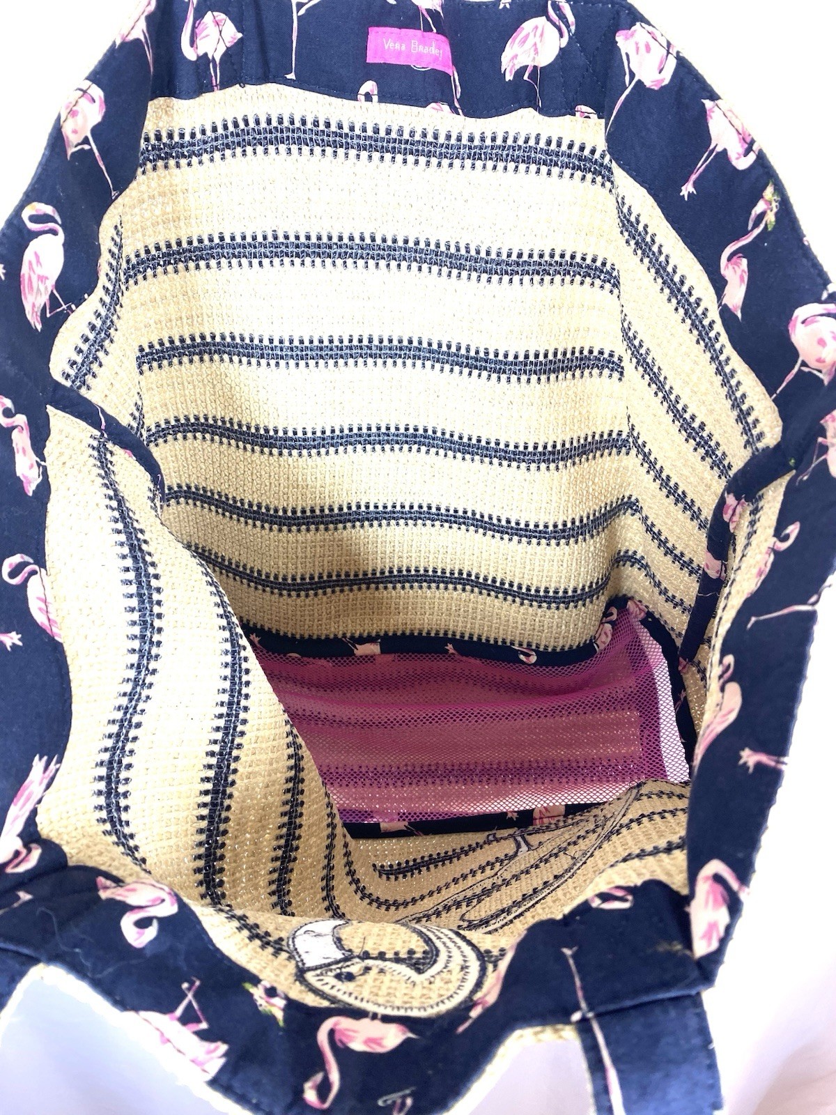 VERA BRADLEY Flamingo Fiesta Seashore Beach Bag Straw Tote w/ Zippered Bottom