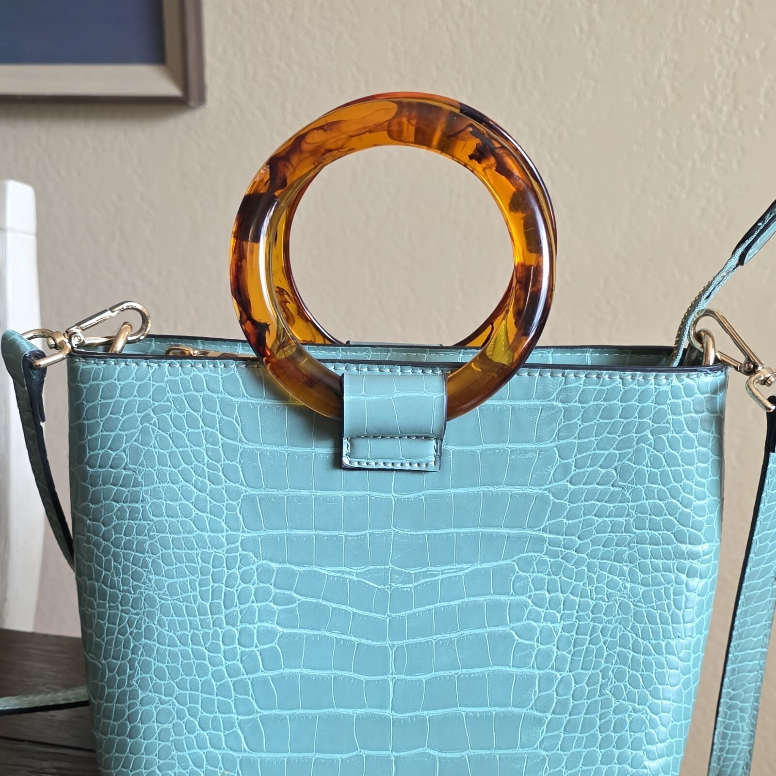 Blue Croc Embossed Satchel Top Handle Tortoise Ring, Zip, Adjustable Strap
