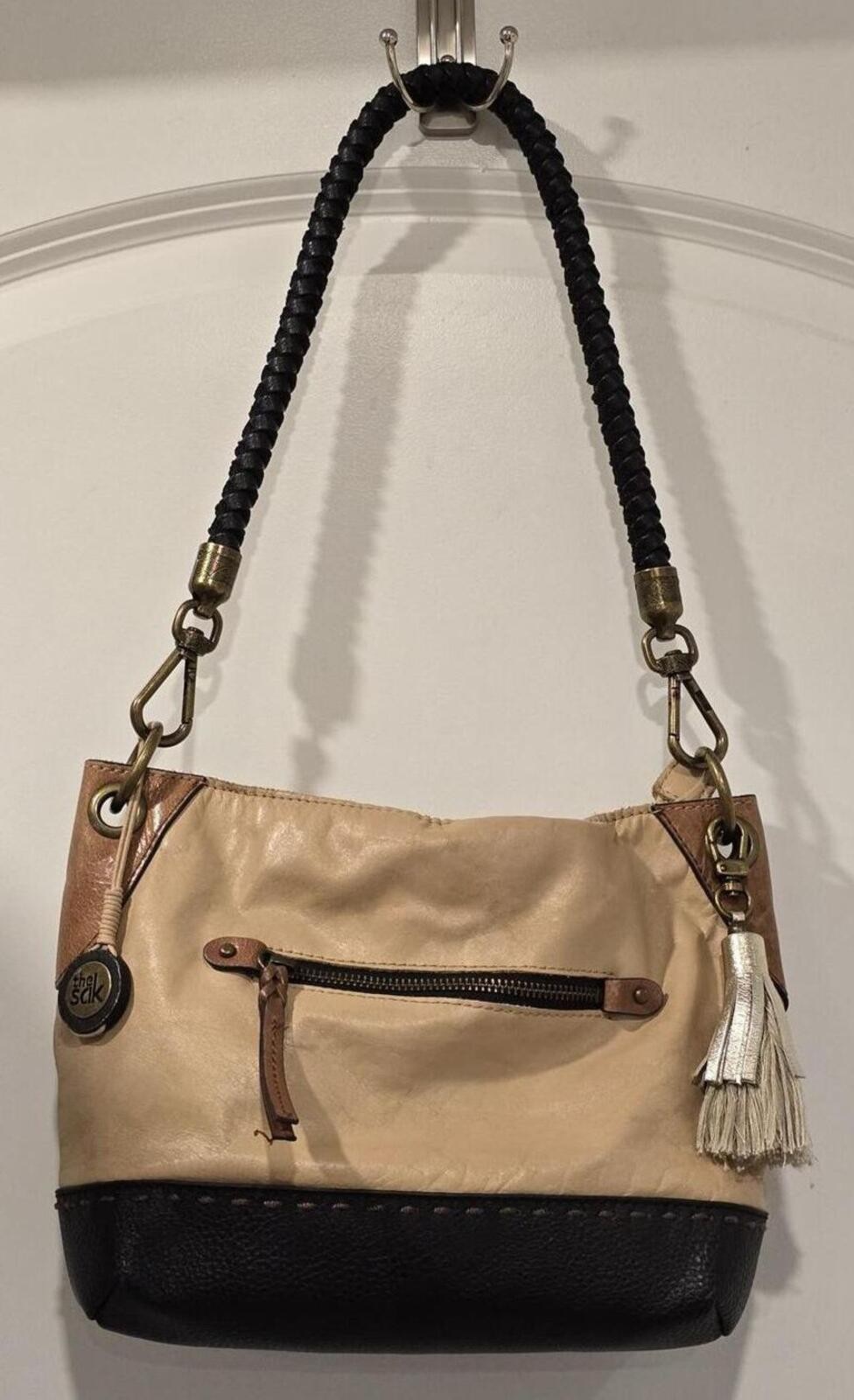 The Sak Indio Leather Sahra Bloc Beige Black & Tan Shoulder Bag with Tassel Y2K