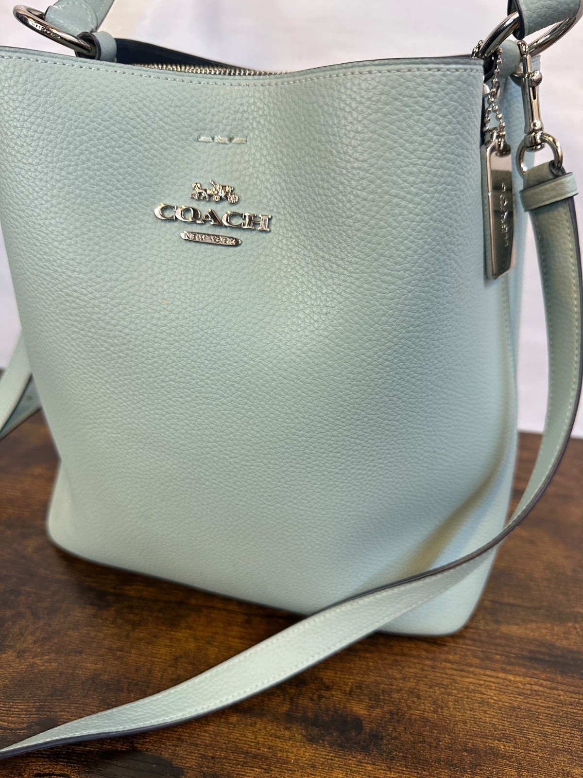 *Flawed Coach Town Bucket Bag 91122 Seafoam Blue Pebble Leather Crossbody Purse