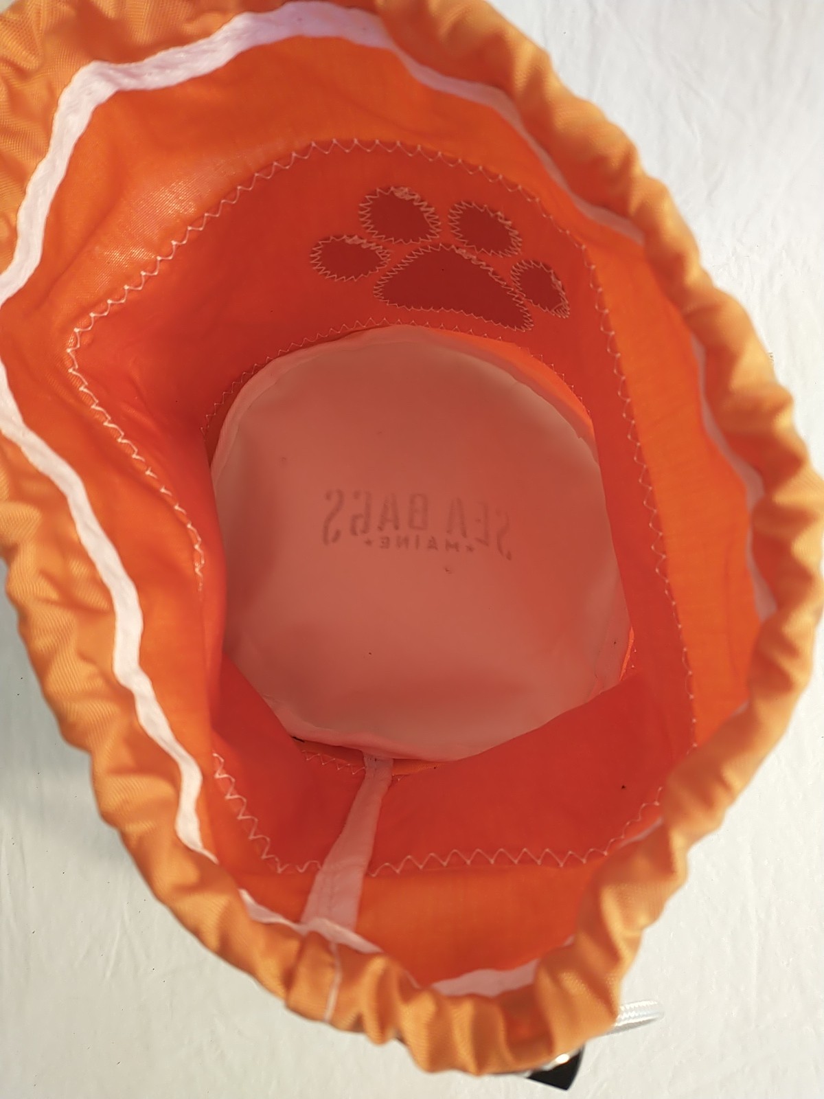 Sea Bags Maine Drawstring Ditty Bucket Bag Dog Paw Print Orange White Used USA