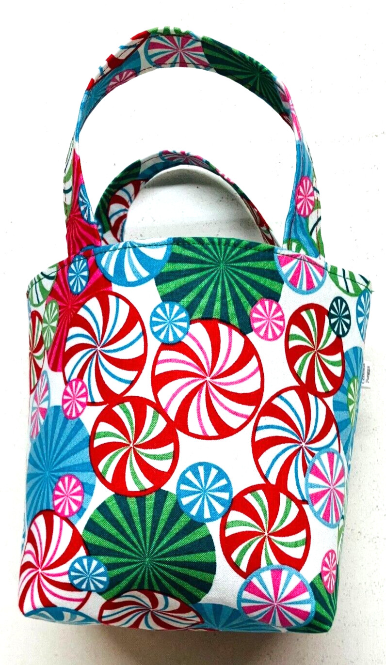 Handmade Fabric Lined Mini Tote Bag/Gift Bag White Christmas Candy Mint New
