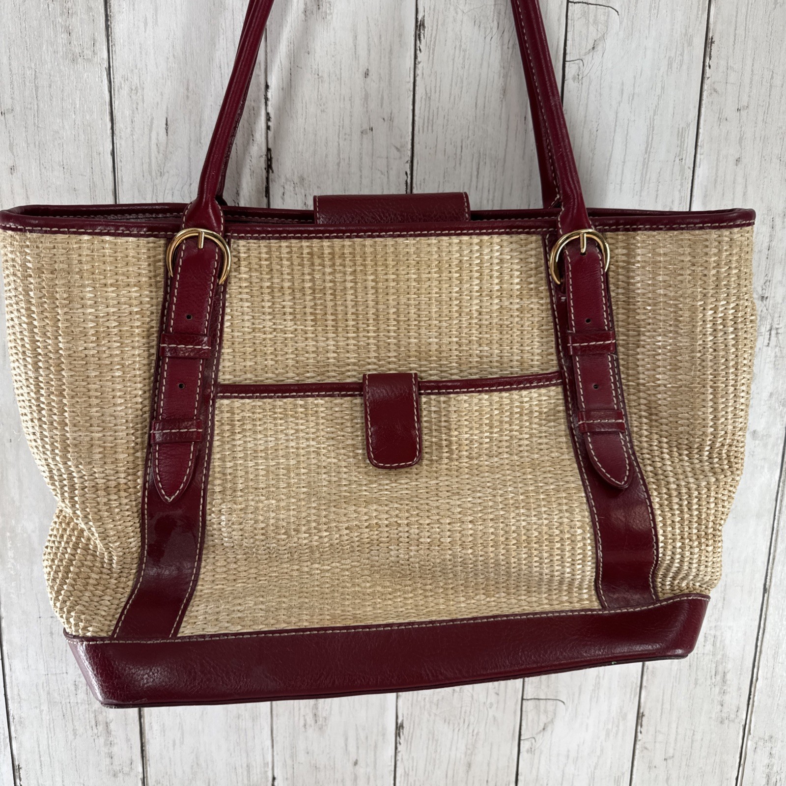 Maxx New York Straw Tote Bag Red Leather Trim Large Shoulder Bag Woven Summer