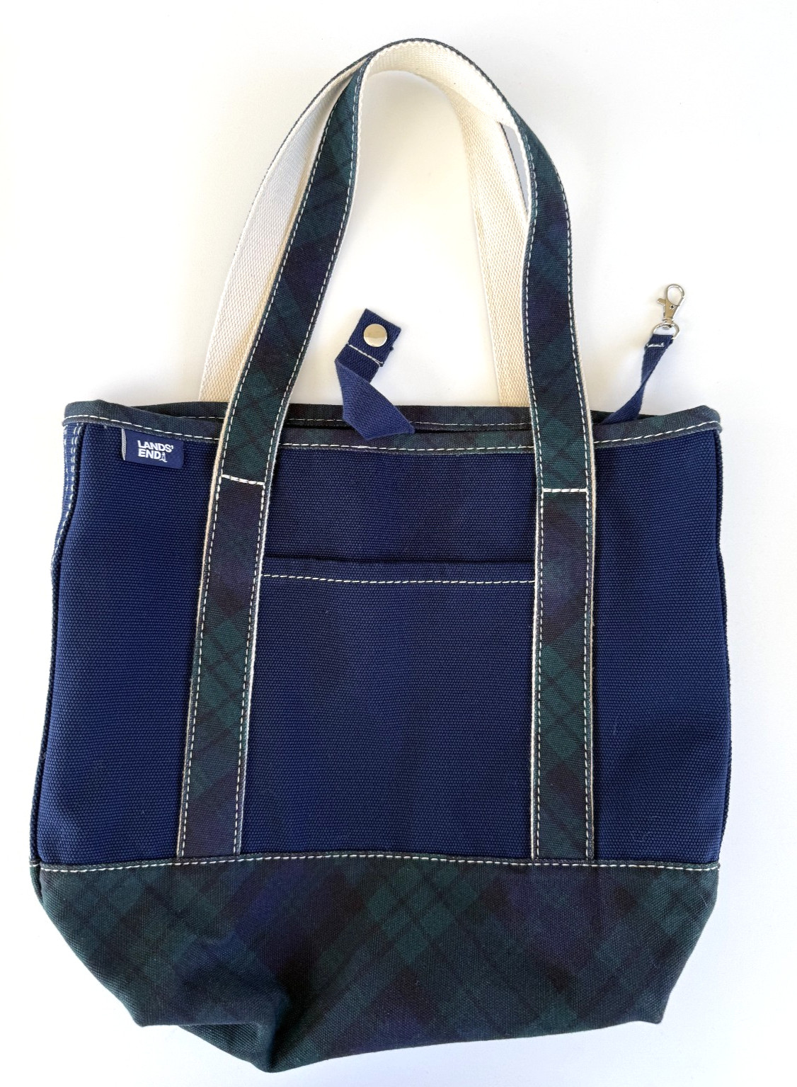 Land’s End Heavy Duty Tote Bag Navy w/ Plaid Handle Accent Medium (15x12x5)
