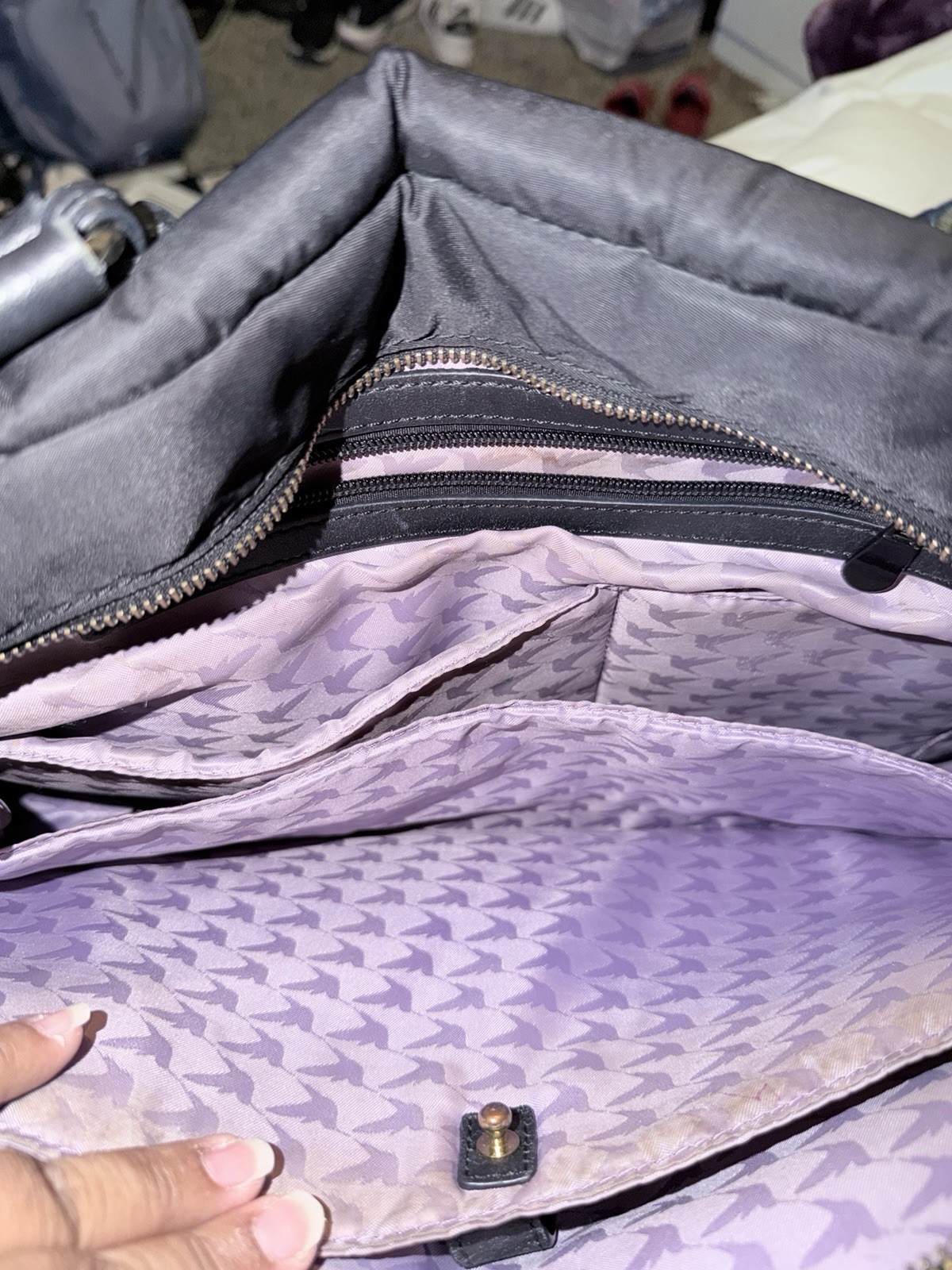 Lo & Sons Black Tote Bag, Zip Closure, Purple Lined, Inner Pockets, Charm