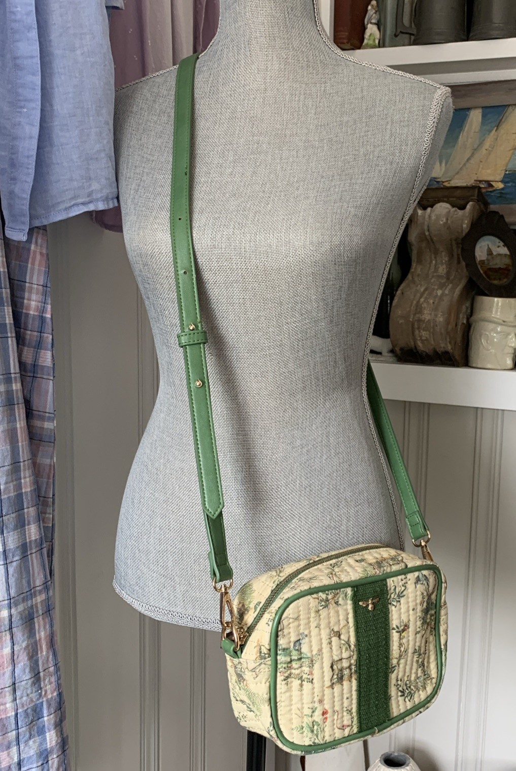 FABLE England Quilted Forest Animals Print Kelly Green Crossbody Bag Purse Small